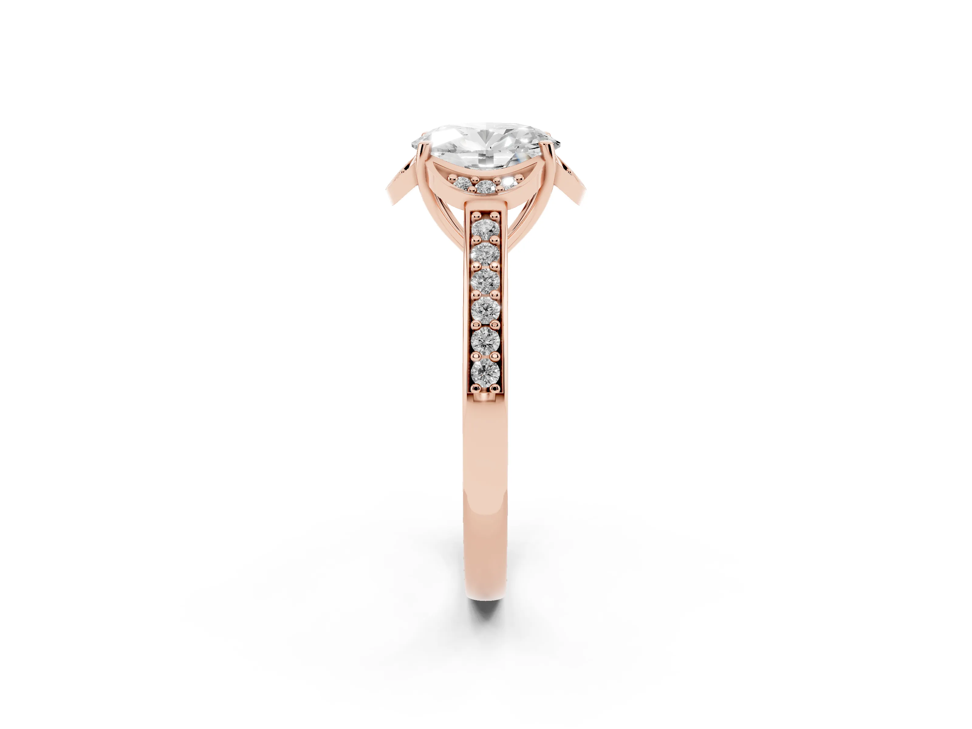 Oval Cut Diamond Halo Ring Set in Rose gold with Channel Set Band and Prong Setting