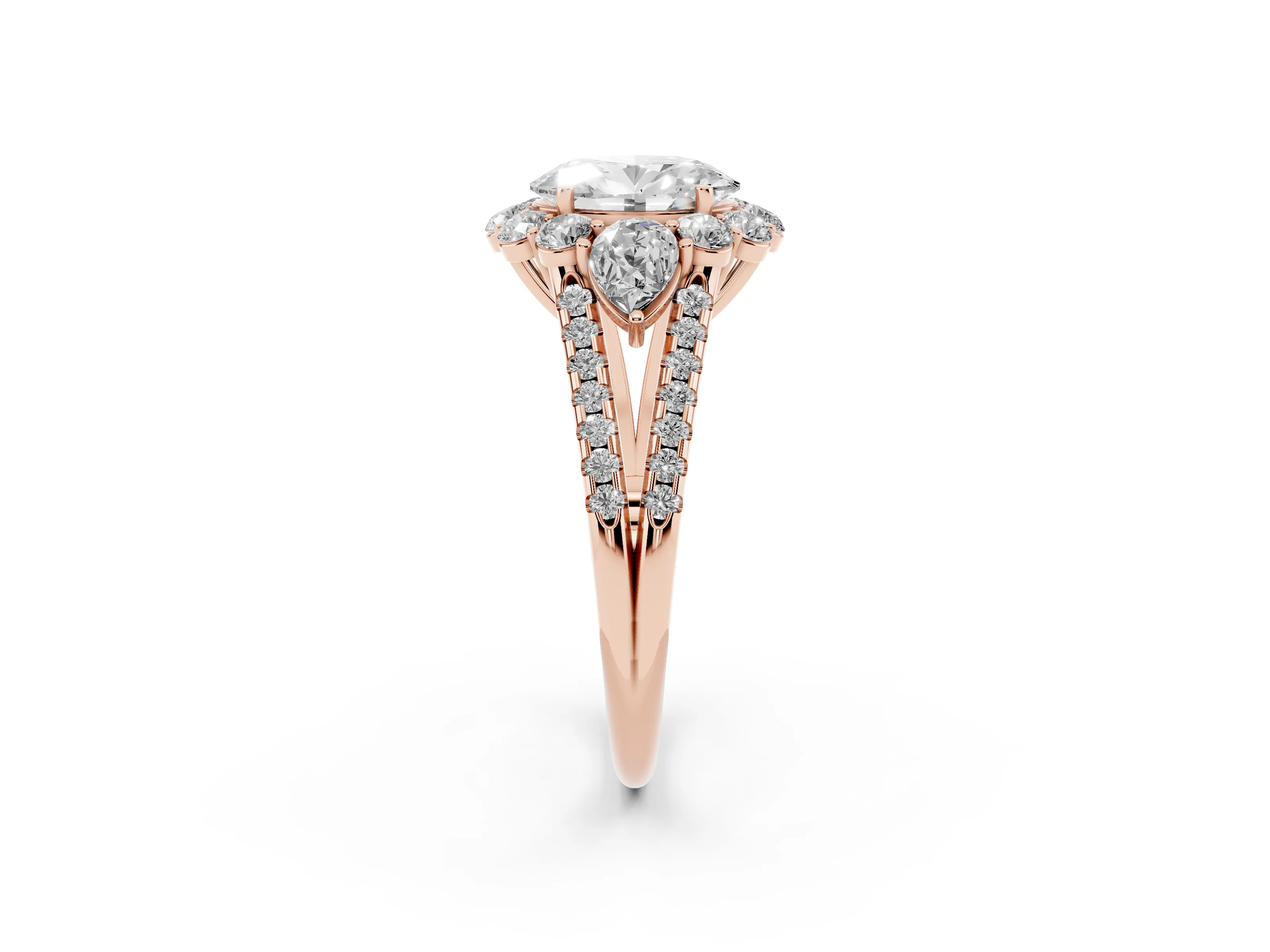 Oval Cut Diamond Halo Split Shank Engagement Ring Set in Rose gold with Prong-Held Center Stone