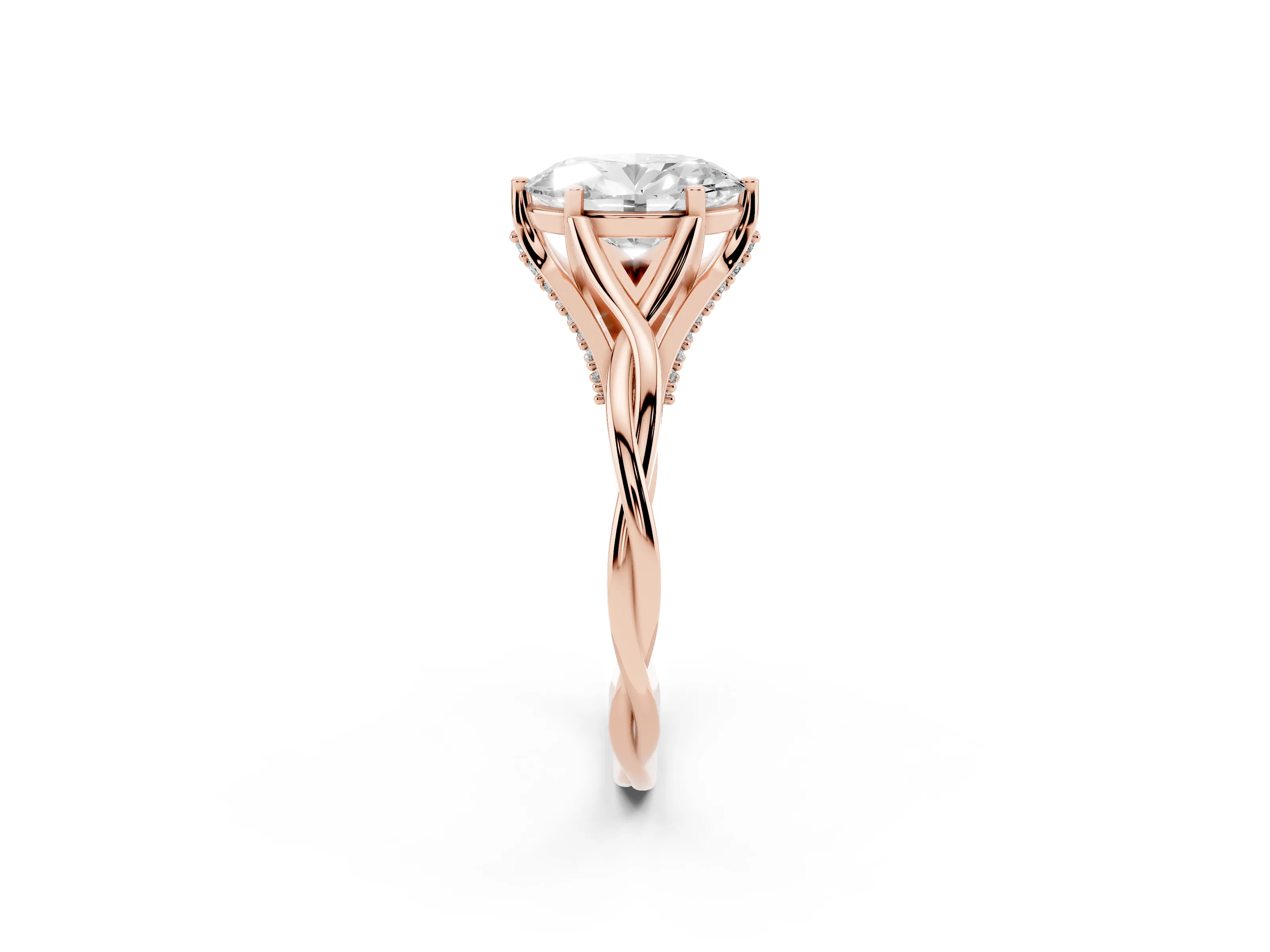 Oval Cut Diamond Intertwined Twist Band Solitaire Ring Set in Rose gold with Prong Setting