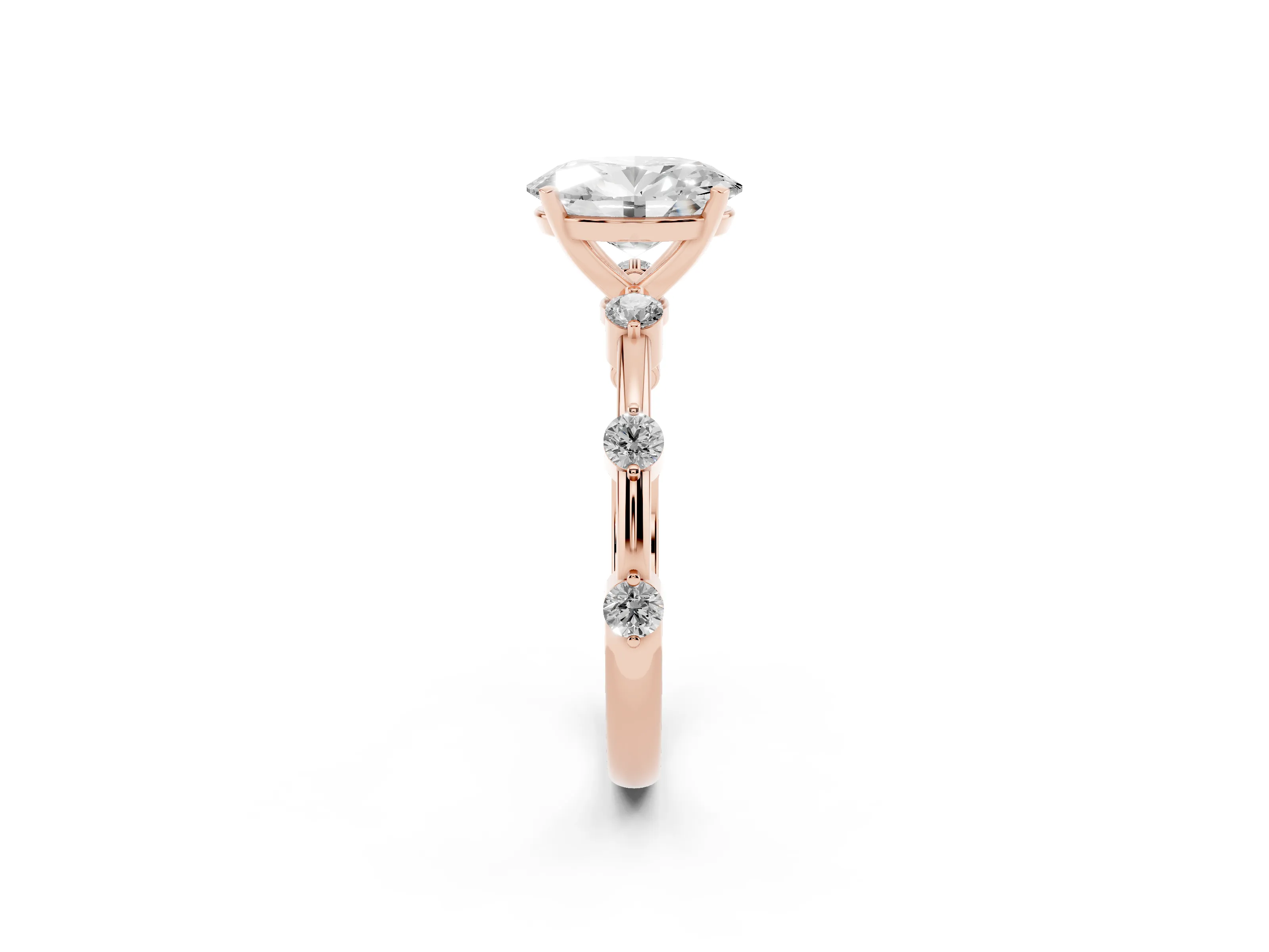 Oval Cut Diamond Solitaire Ring Set in Rose gold with Bezel Set Side Stones and Prong Setting