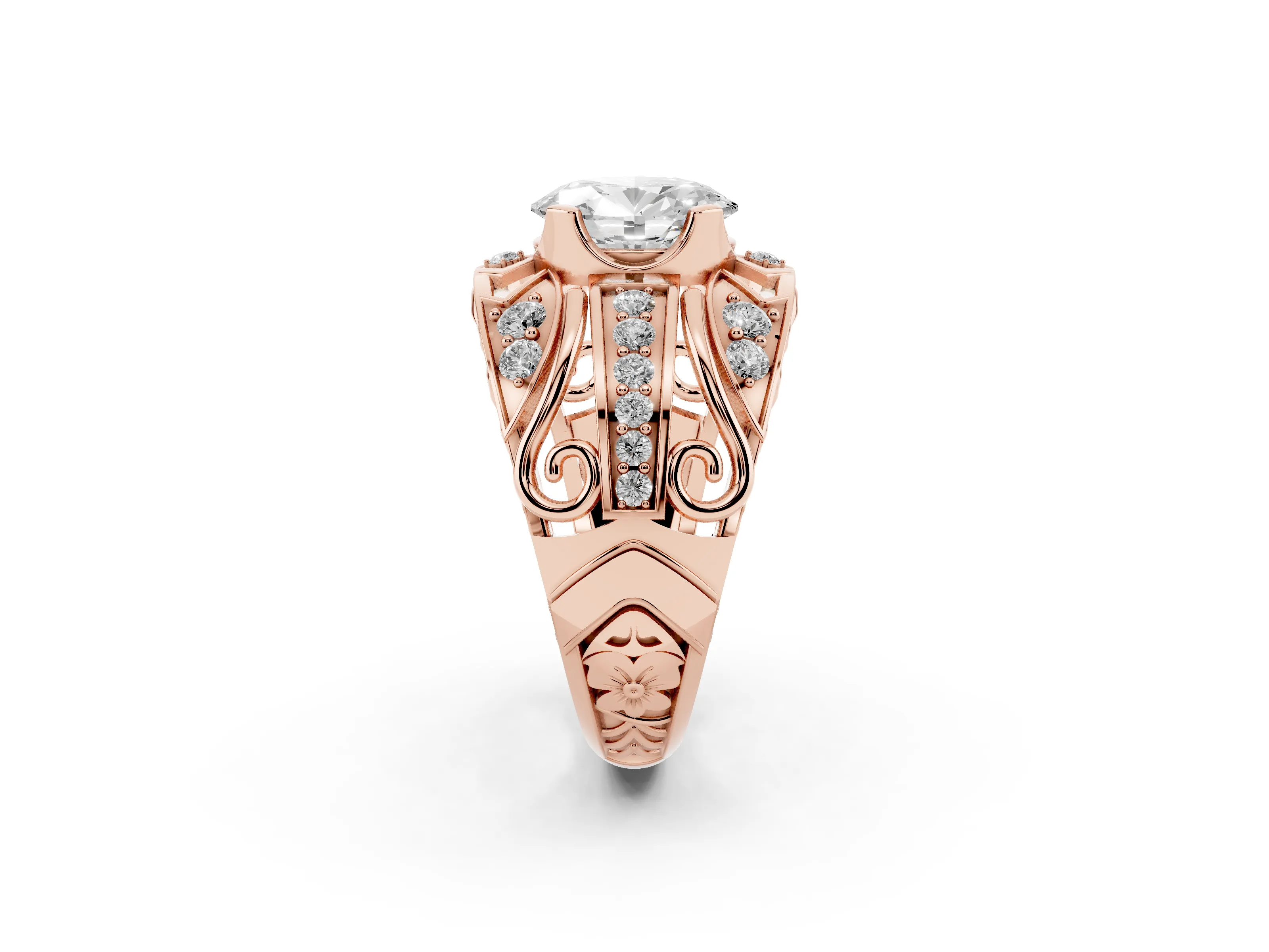 Oval Cut Diamond Art Deco Ring Set in Rose gold with Pavé Split Shank