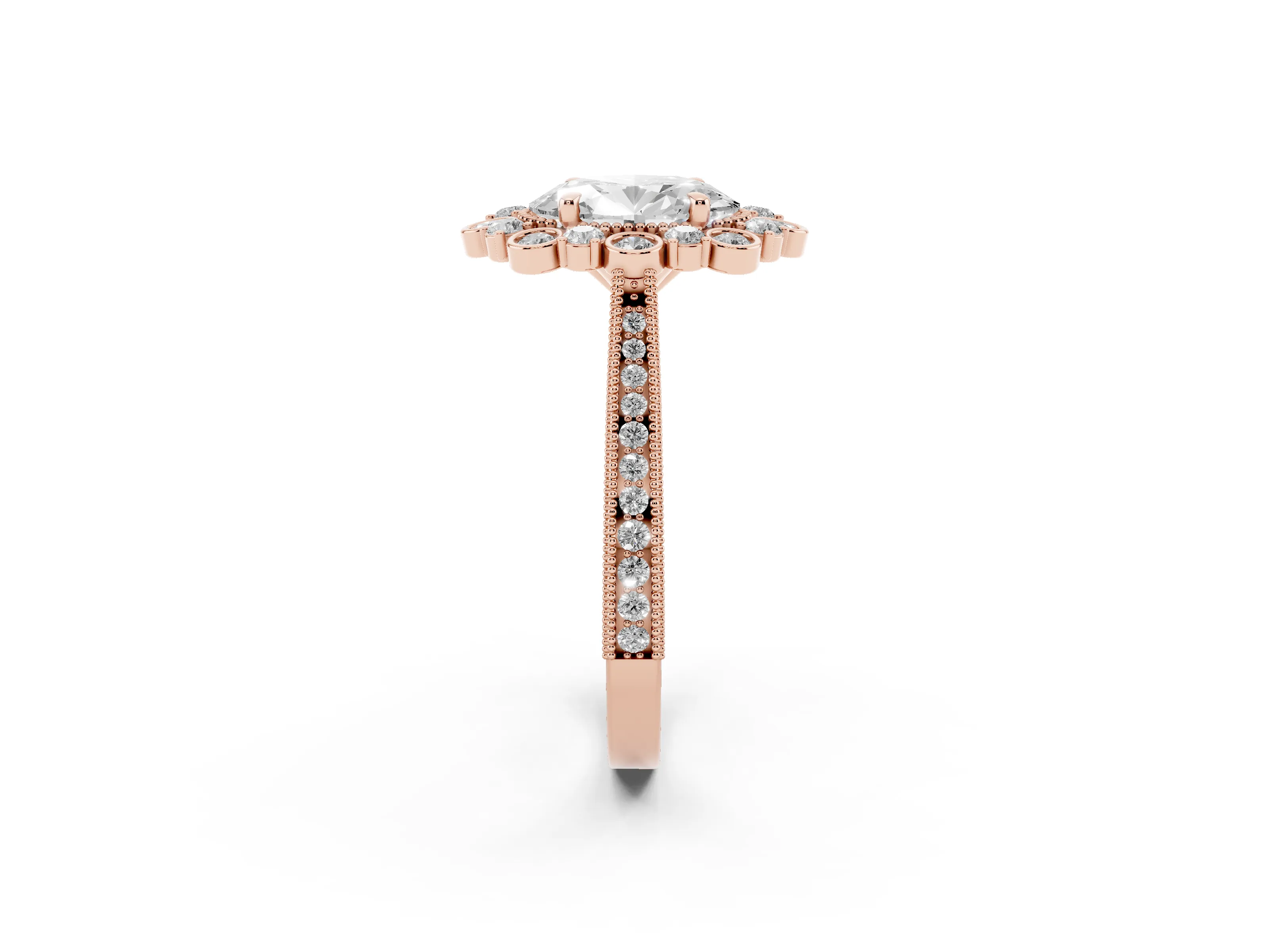 Oval Cut Diamond Halo Milgrain Pavé Ring Set in Rose gold with Prong Setting