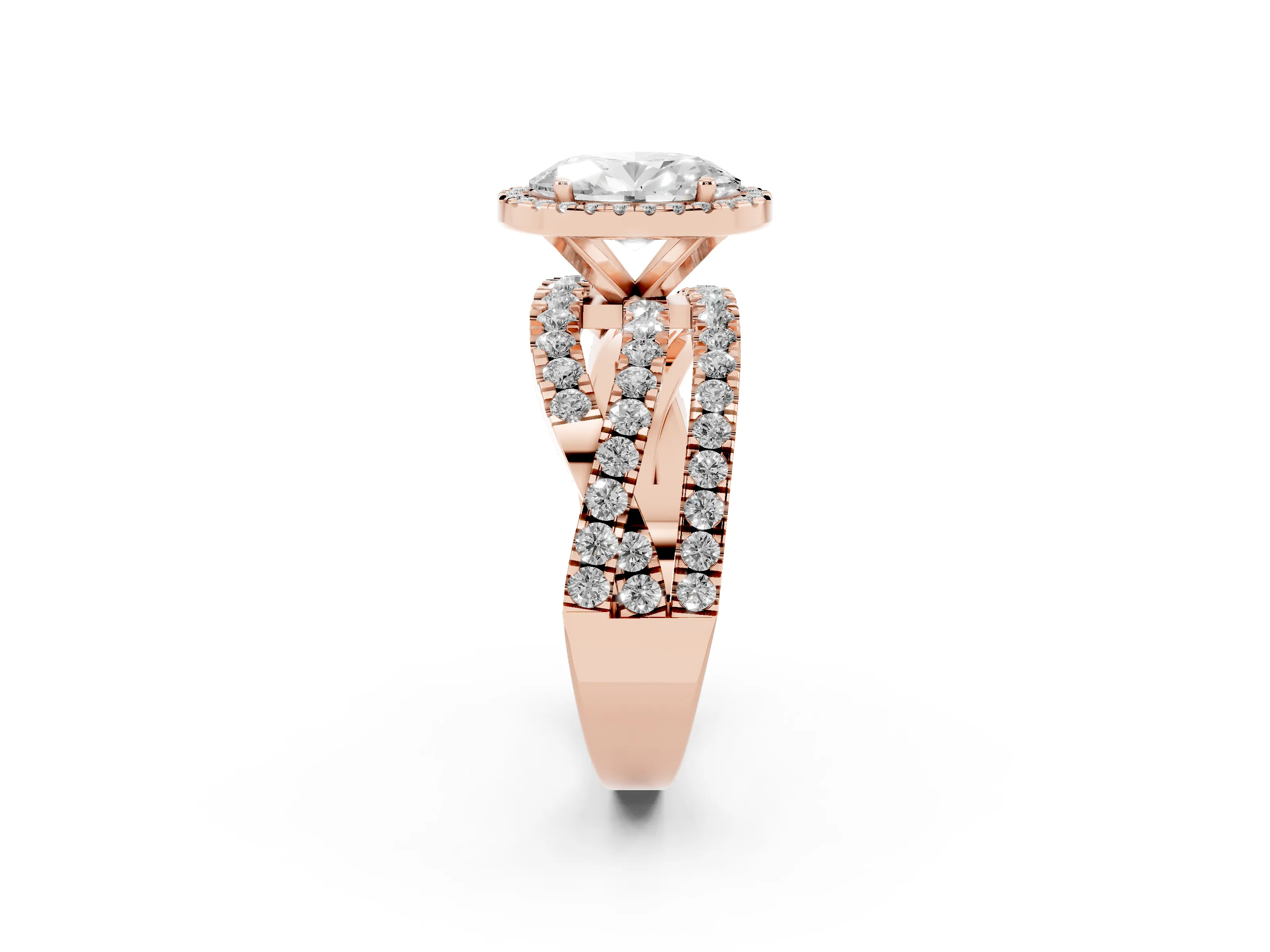Oval Cut Diamond Halo Ring Set in Rose gold with Round Crossover Split Shank and Prong Setting