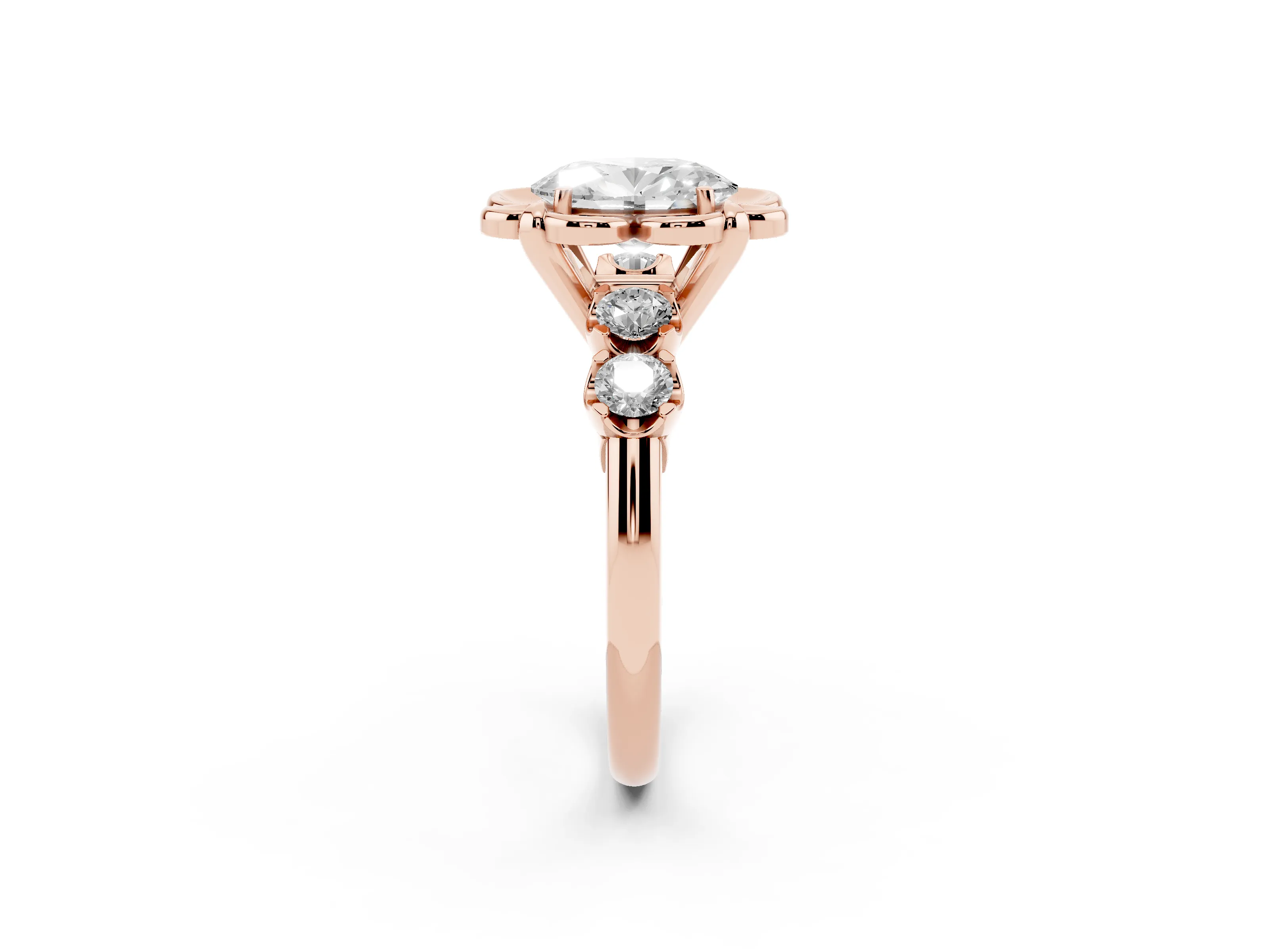 Oval Cut Diamond Floral Halo Ring Set in Rose gold with Shared Prong Band