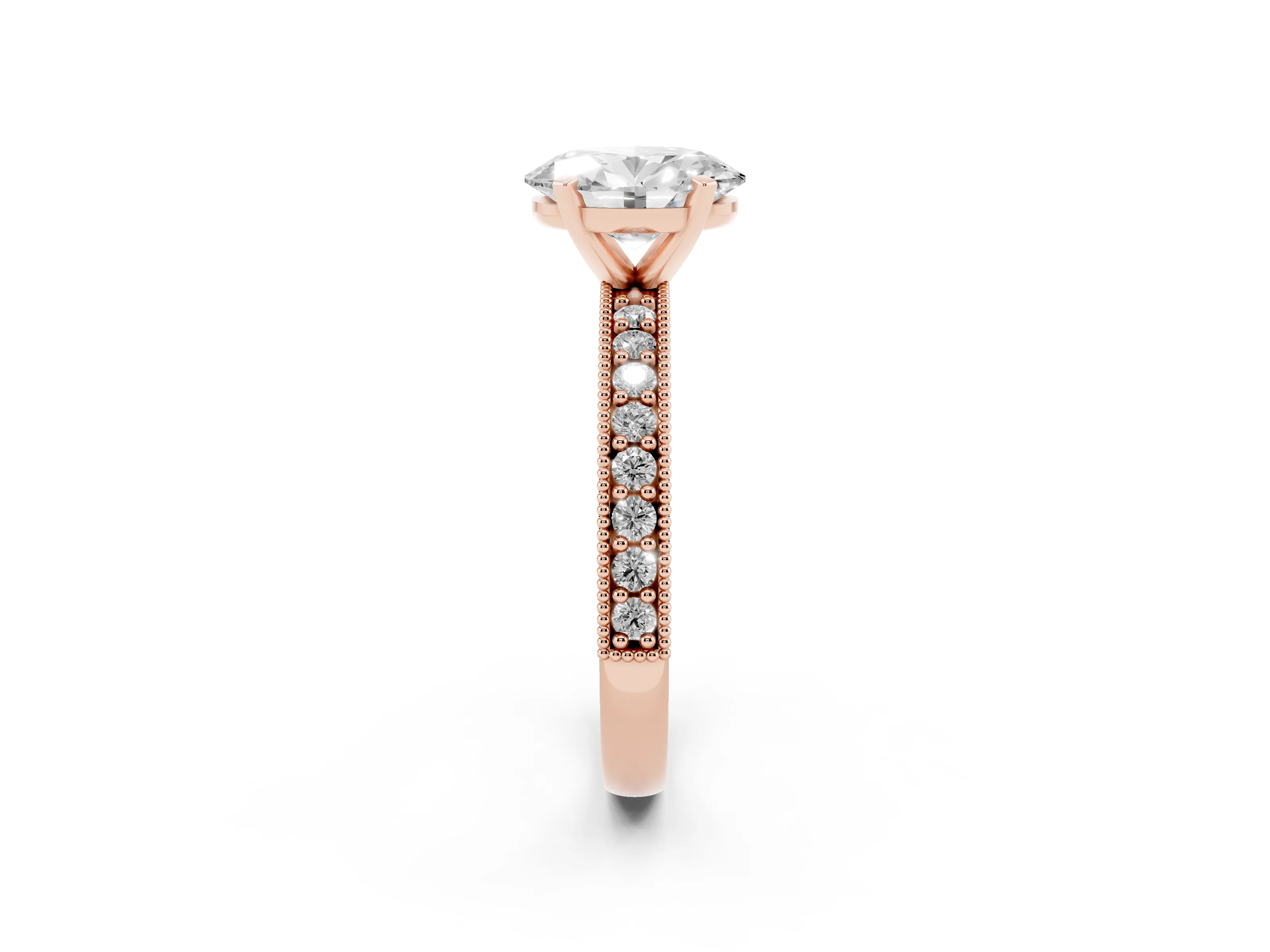 Oval Cut Diamond Milgrain Pavé Engagement Ring Set in Rose gold with Prong Setting
