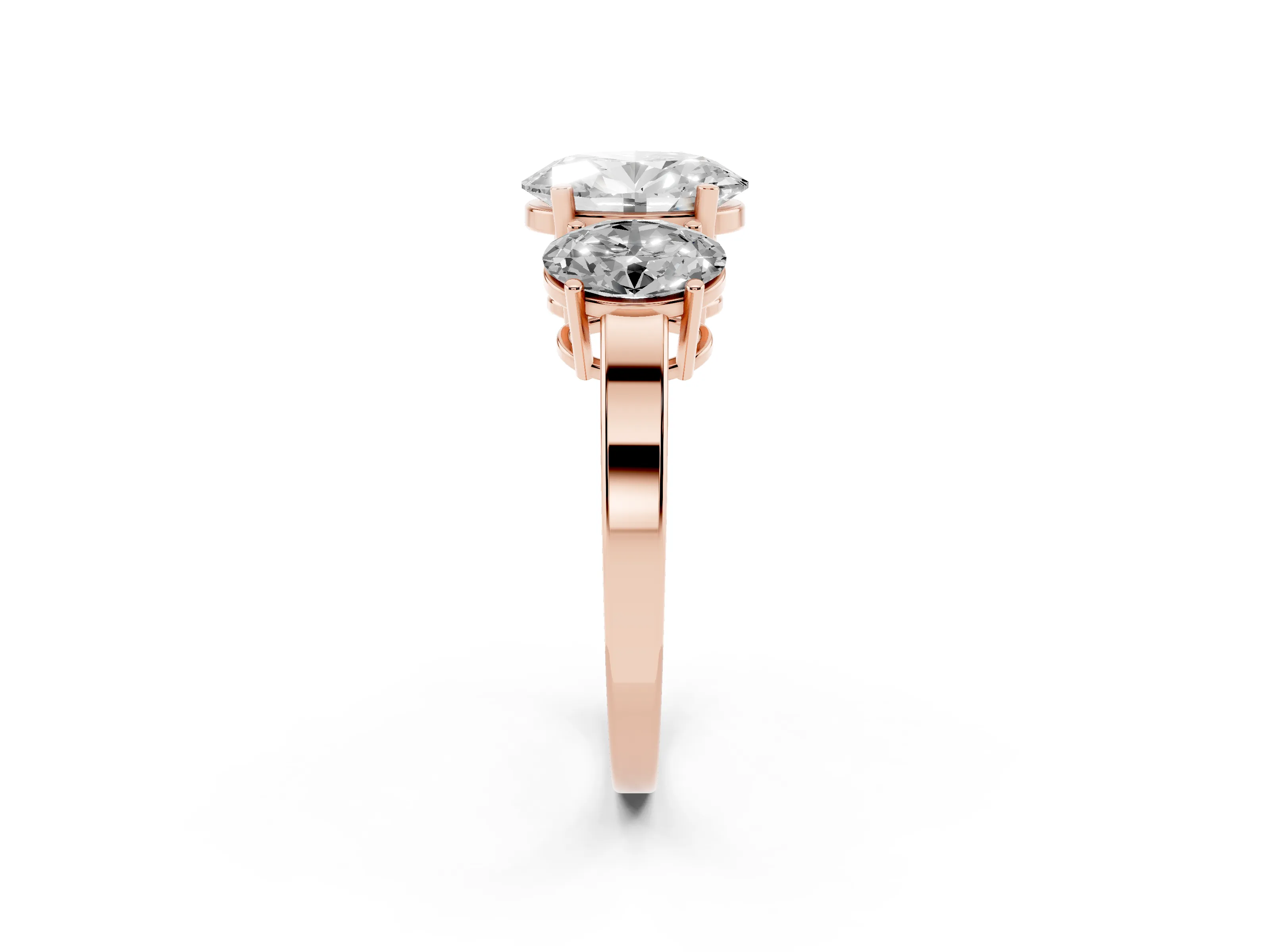 Oval Cut Diamond Three-Stone Engagement Ring Set in Rose gold with Flat Band