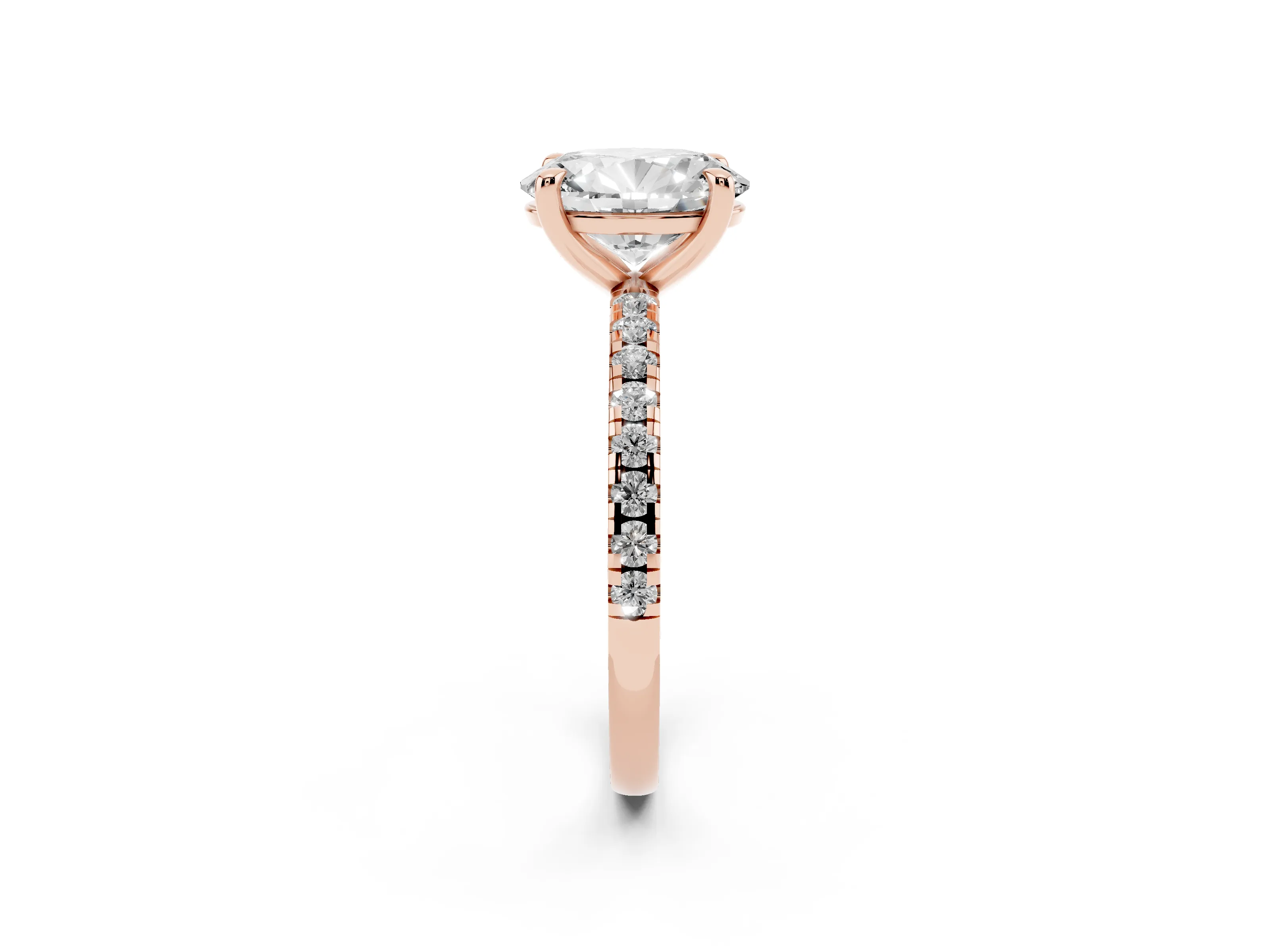 Oval Cut Diamond Brilliant Solitaire Ring Set in Rose gold with Pavé Band and Prong Setting