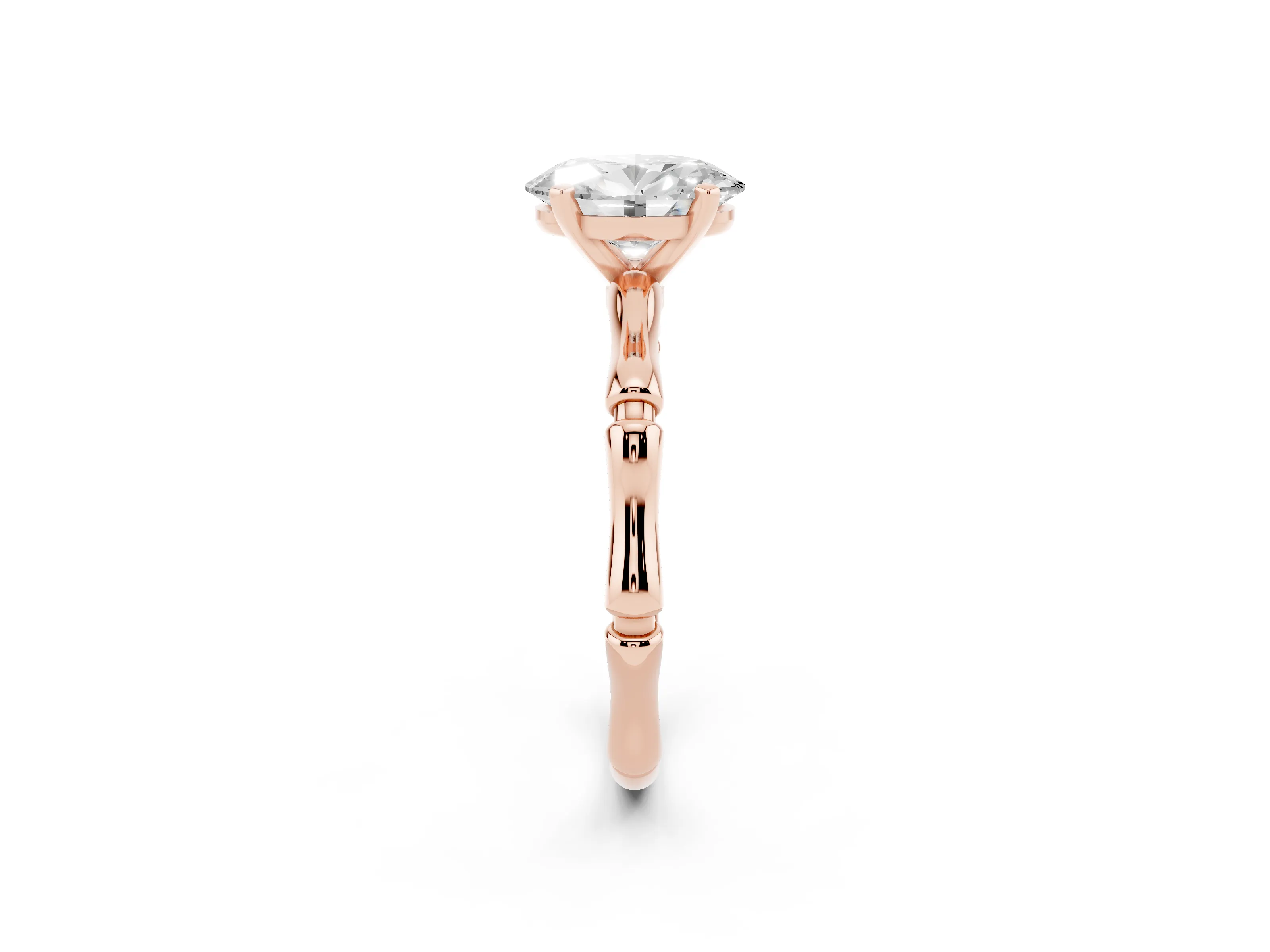 Oval Cut Diamond Solitaire Ring Set in Rose gold with Bamboo Band and Prong Setting