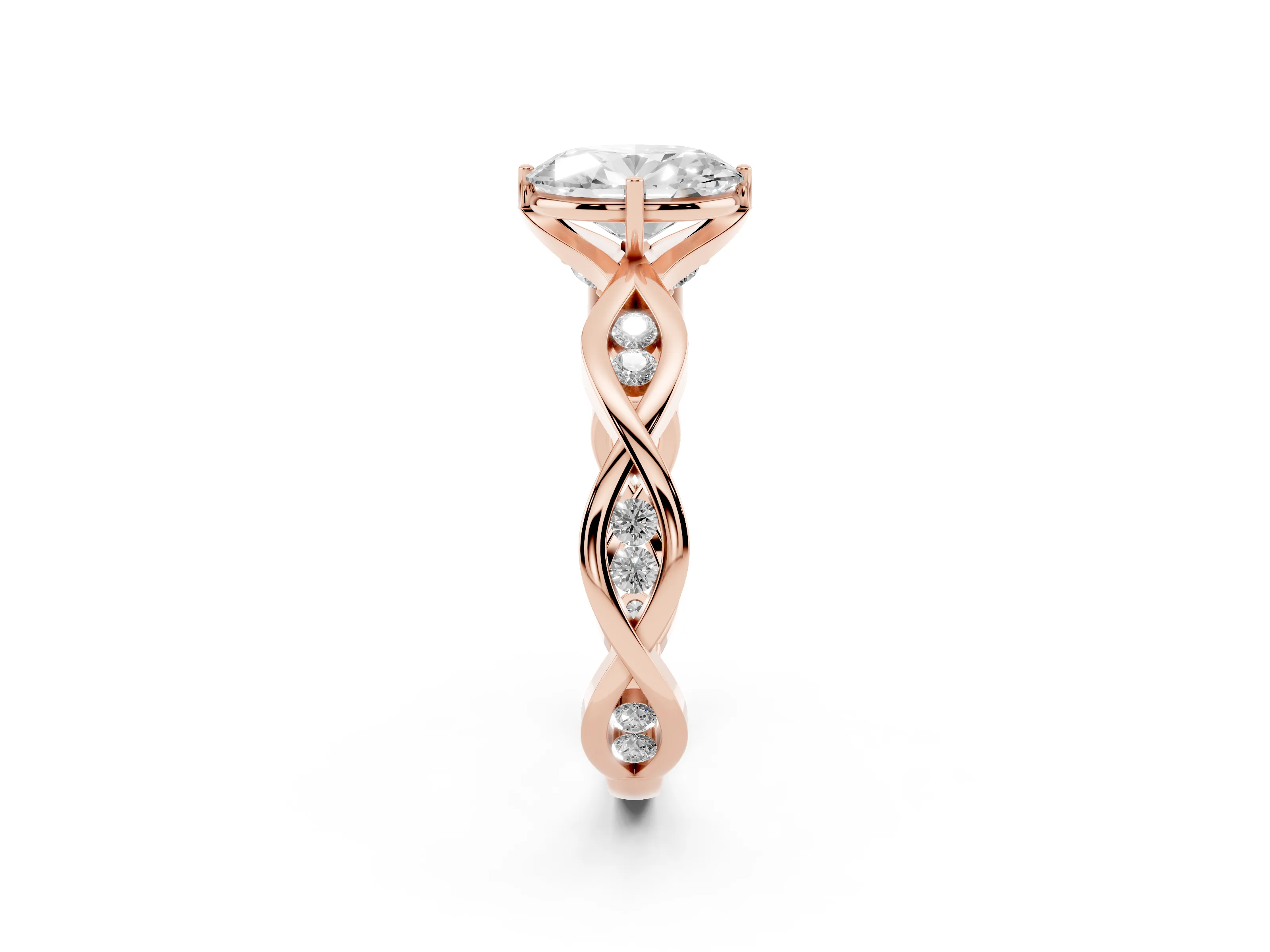 Oval Cut Diamond Twist Band Solitaire Ring Set in Rose gold with Leaf Prong Setting and Accent Stones