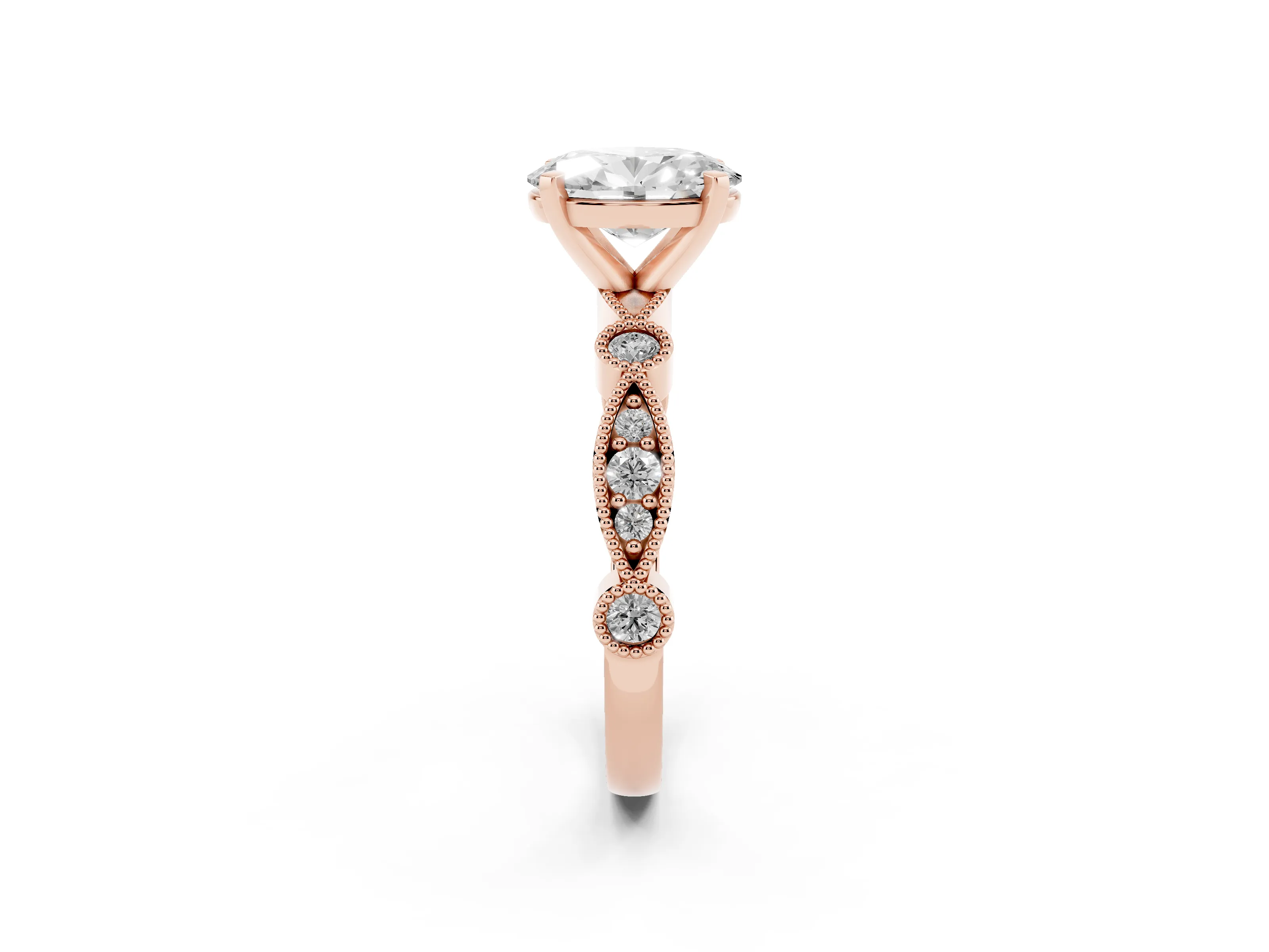 Oval Cut Diamond Solitaire Engagement Ring Set in Rose gold with Milgrain Bezel Accent Band