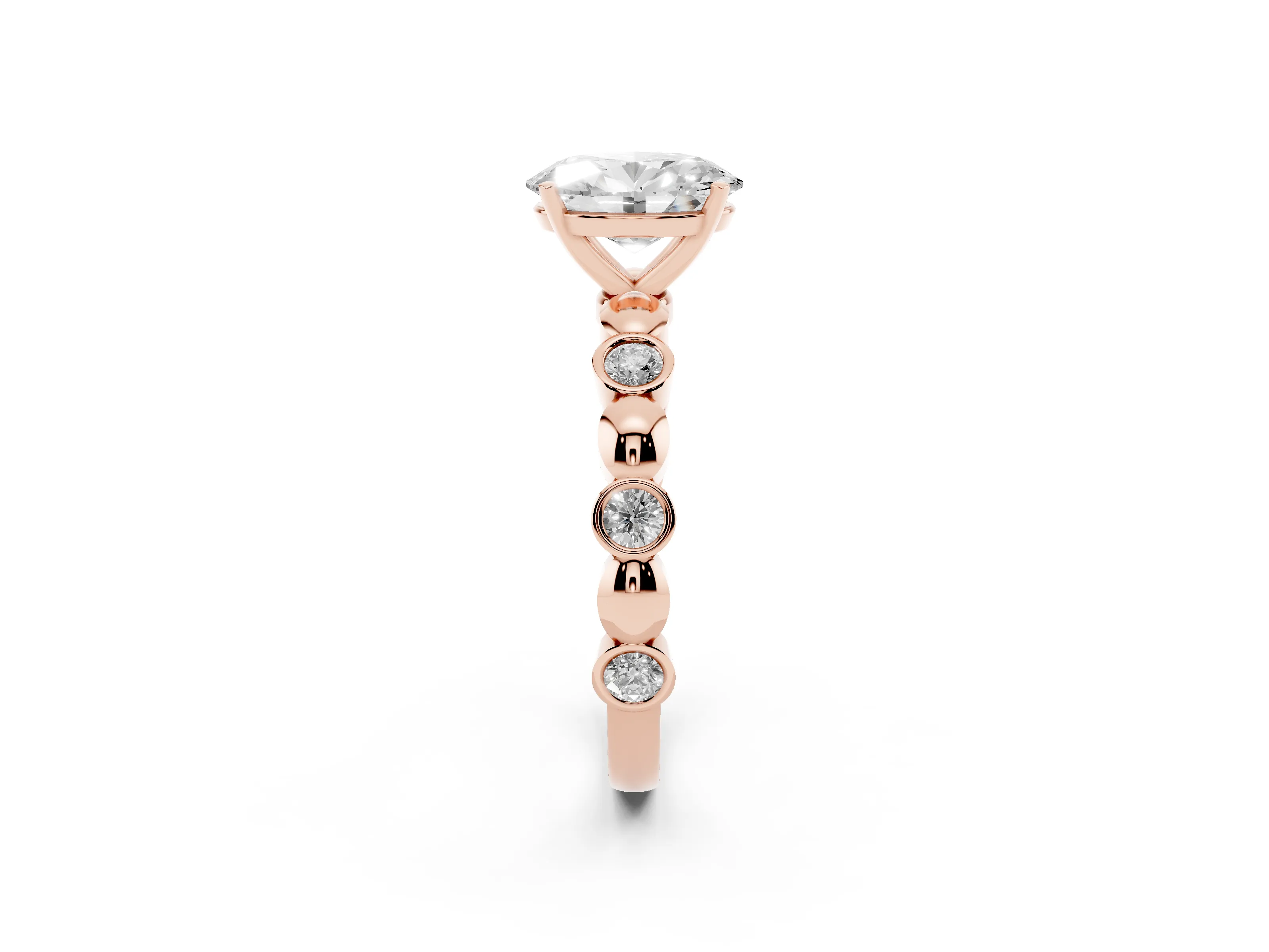 Oval Cut Diamond Solitaire Ring Set in Rose gold with Bezel-Set Accents on Beaded Band and Prong Setting