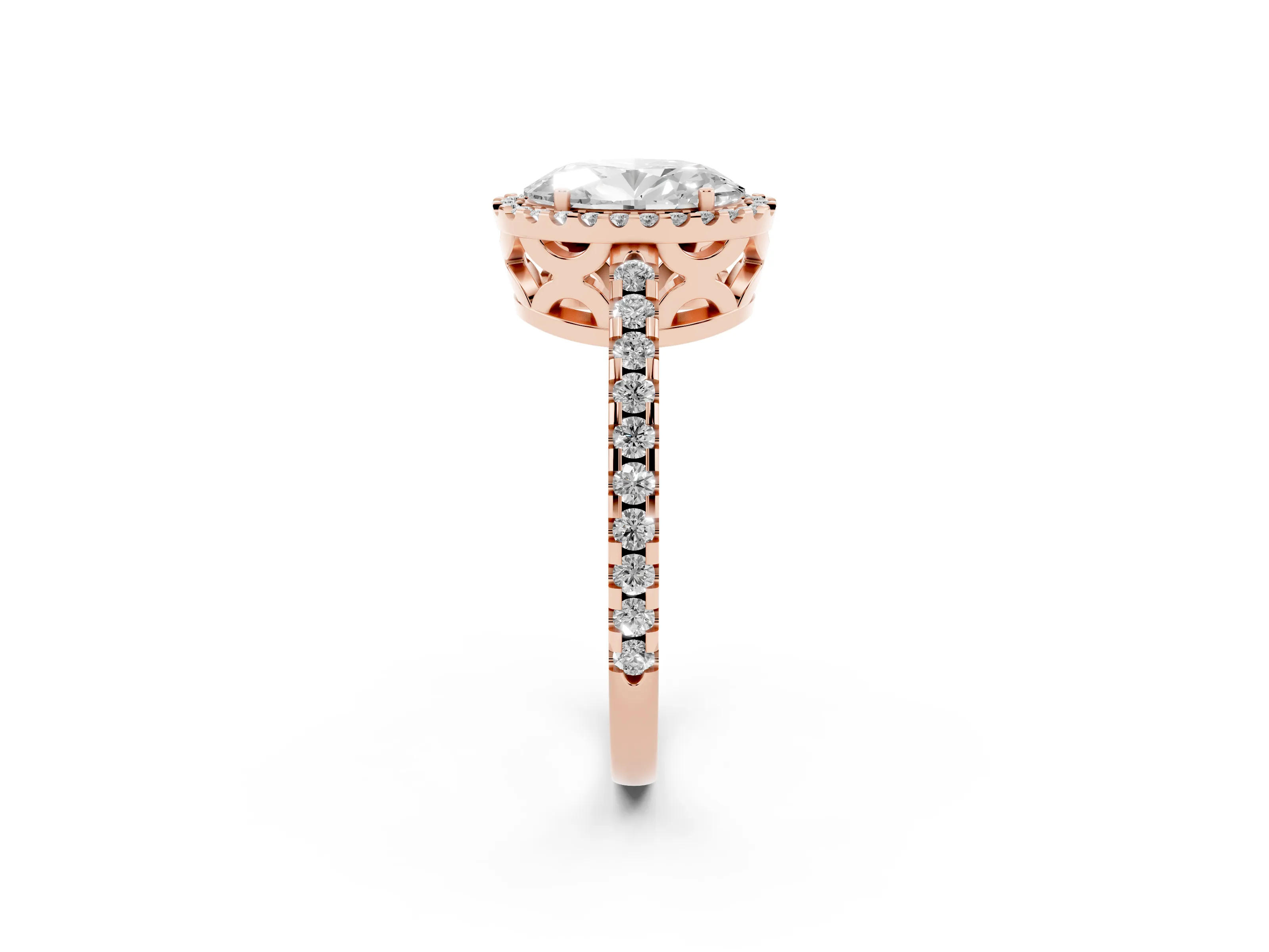 Oval Cut Diamond Halo Ring Set in Rose gold with Pavé Shoulders and Halo-Framed Center