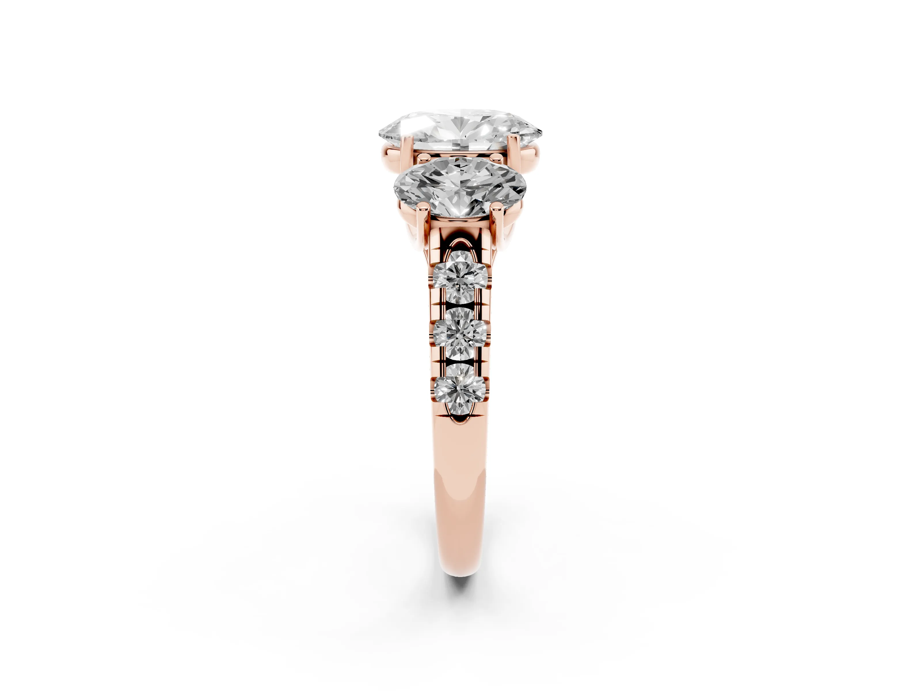 Oval Cut Diamond Three-Stone Ring Set in Rose gold with Pavé Band