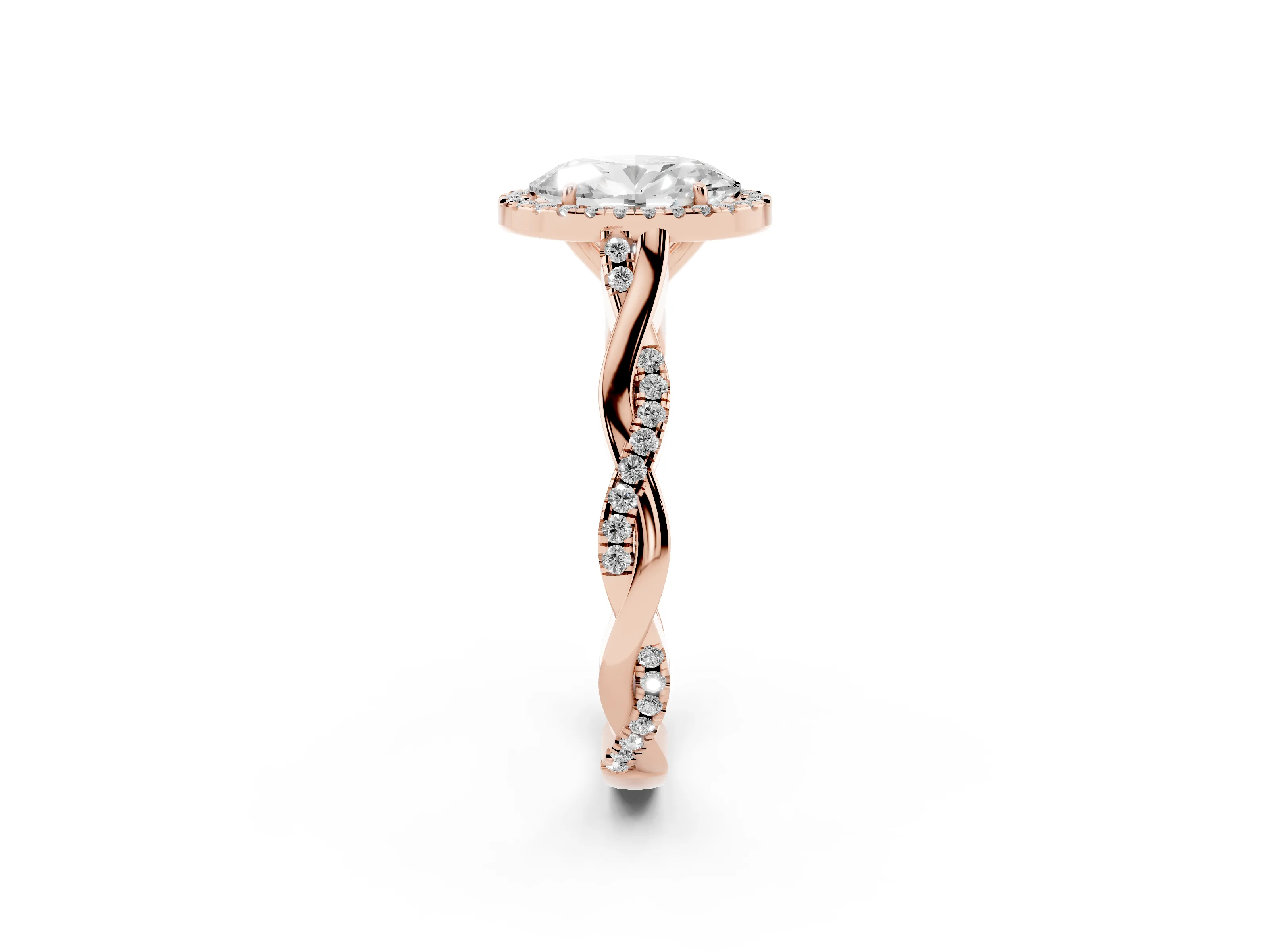 Oval Cut Diamond Halo Twist Band Solitaire Ring Set in Rose gold with Prong Setting