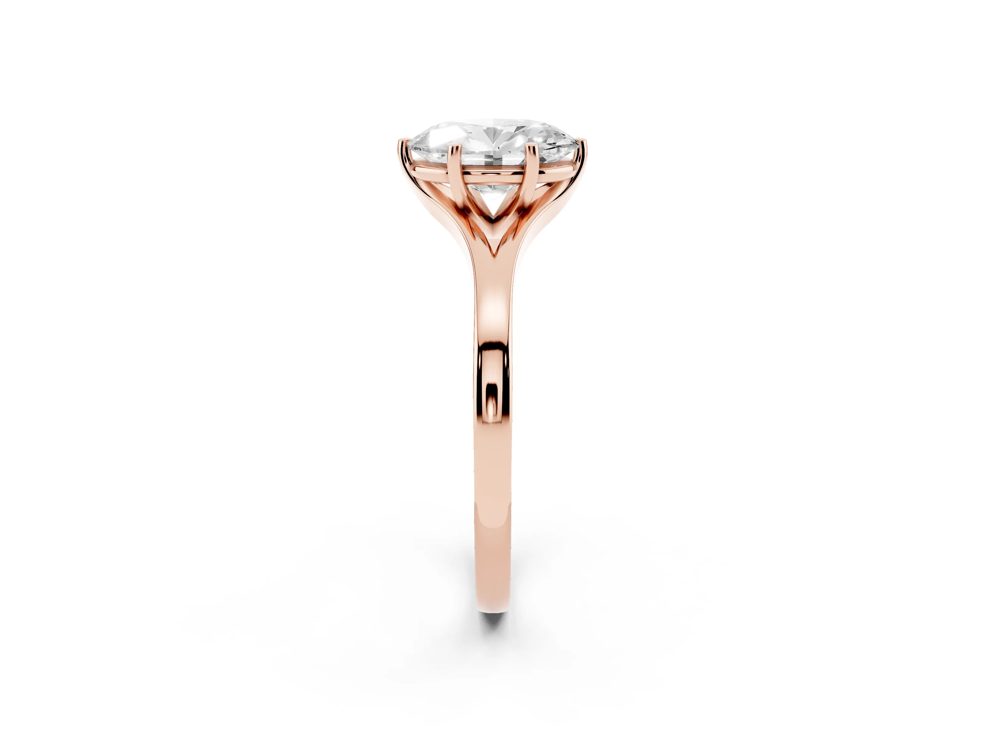 Oval Cut Diamond Solitaire Ring Set in Rose gold with Polished Tapered Band and Prong Setting