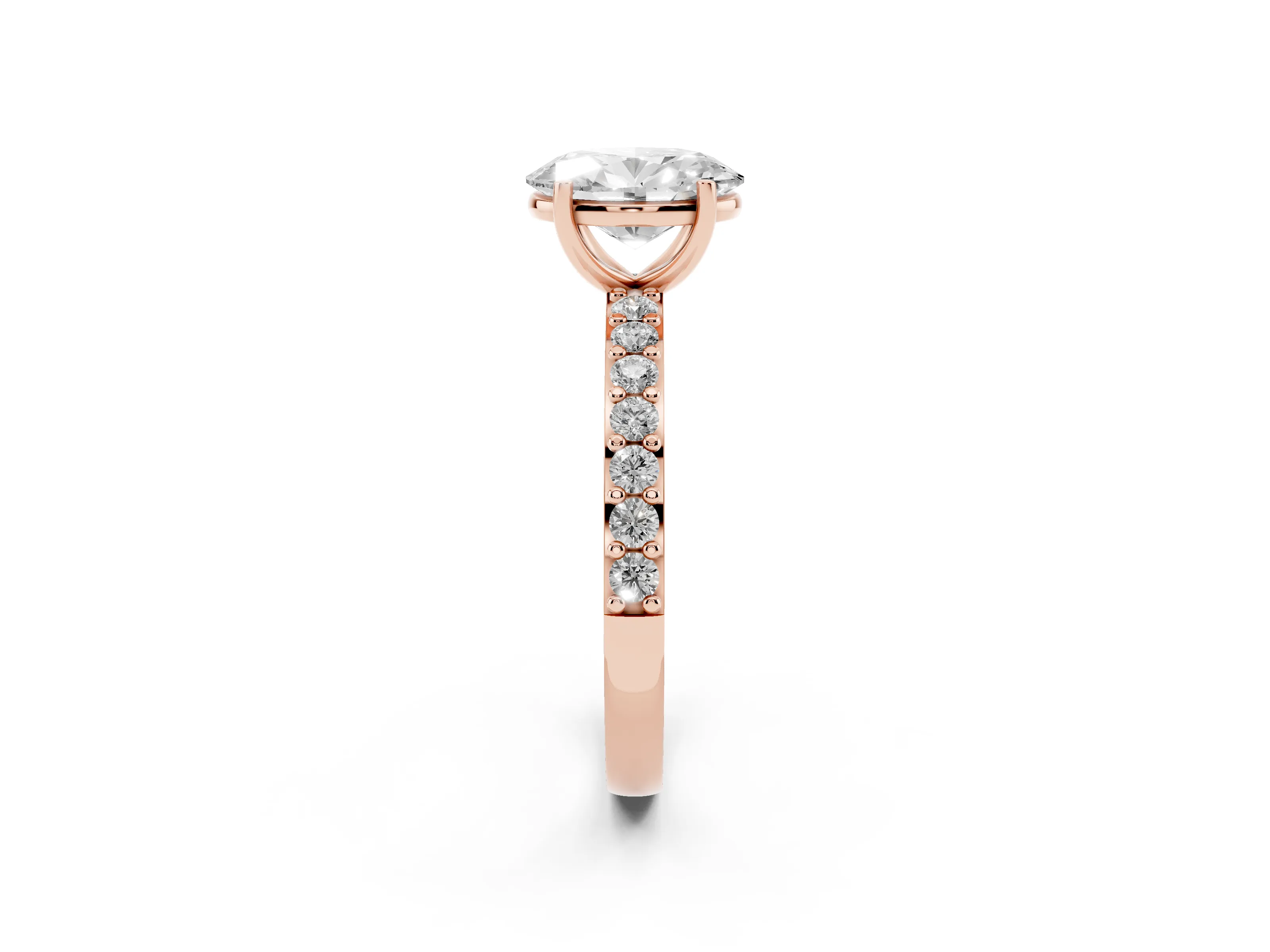 Oval Cut Diamond Solitaire Set in Rose gold with Round Pavé Band and Prong Setting