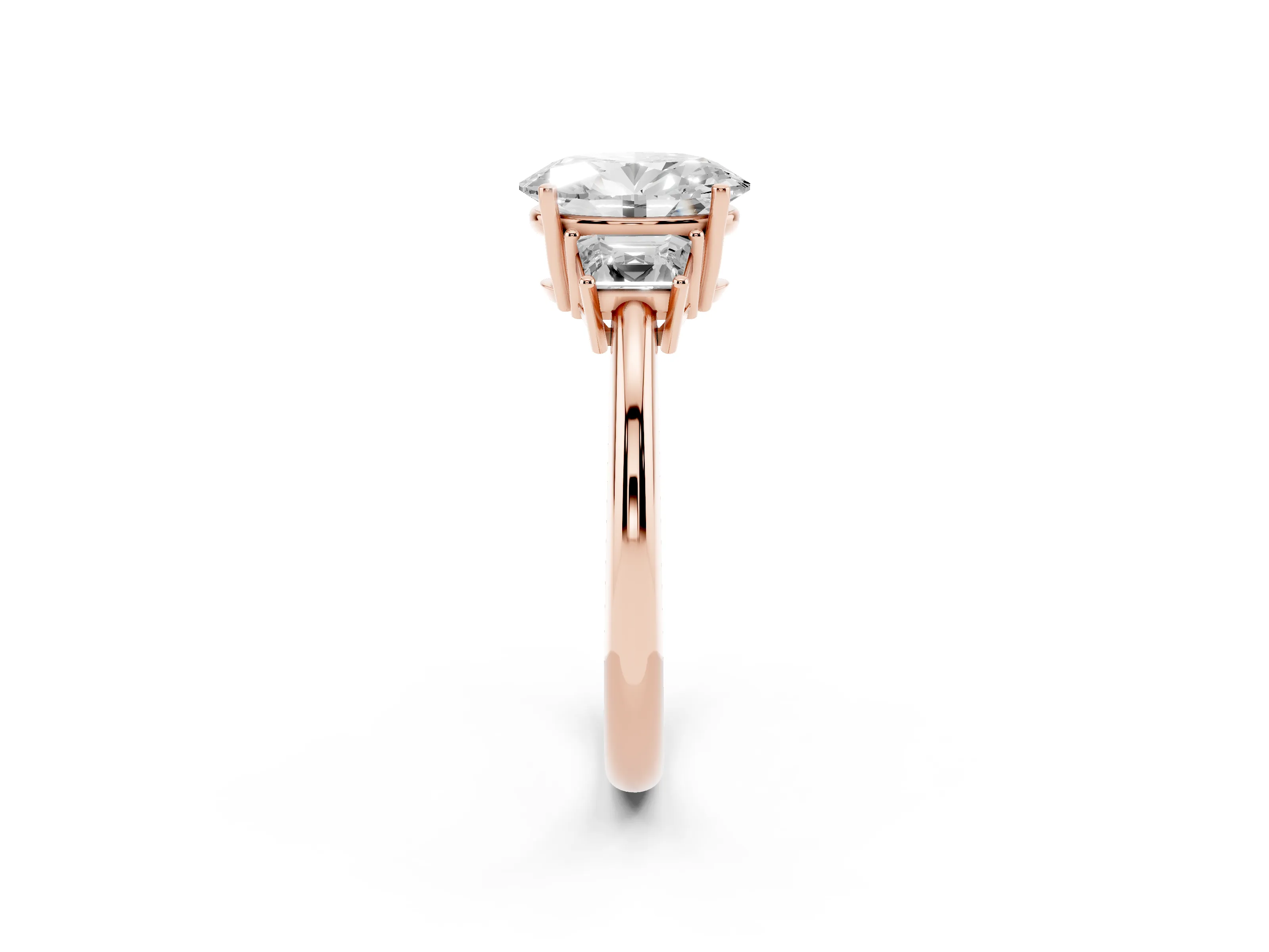 Oval Cut Diamond Three-Stone Ring Set in Rose gold with Trapezoid Side Stones and Prong Setting