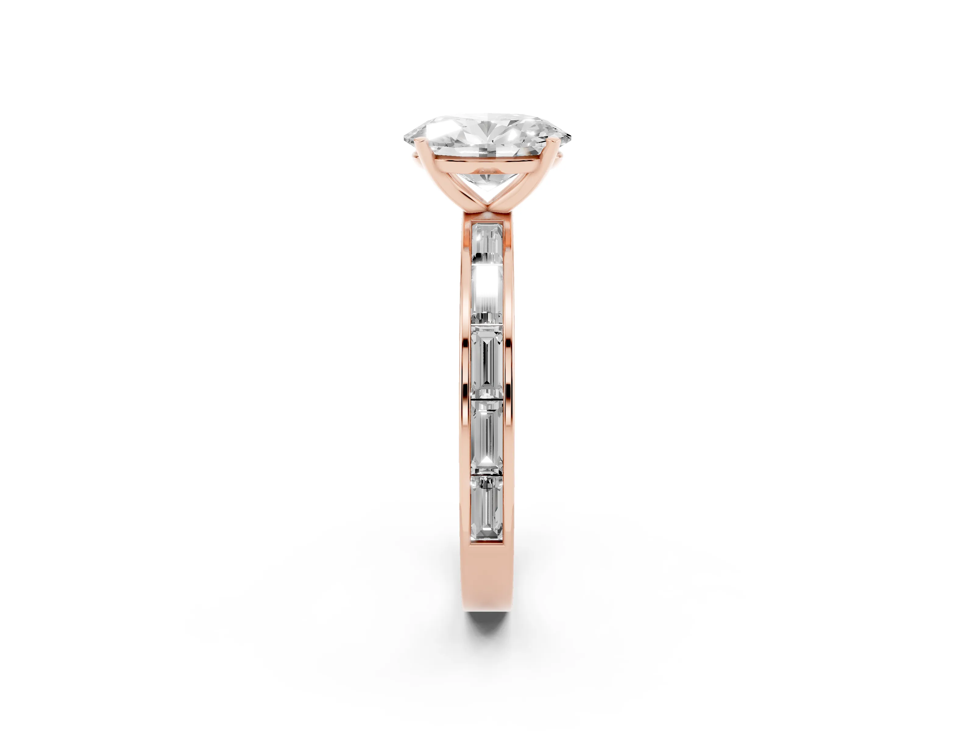 Oval Cut Diamond Solitaire Ring Set in Rose gold with Channel-Set Baguette Band and Prong Setting