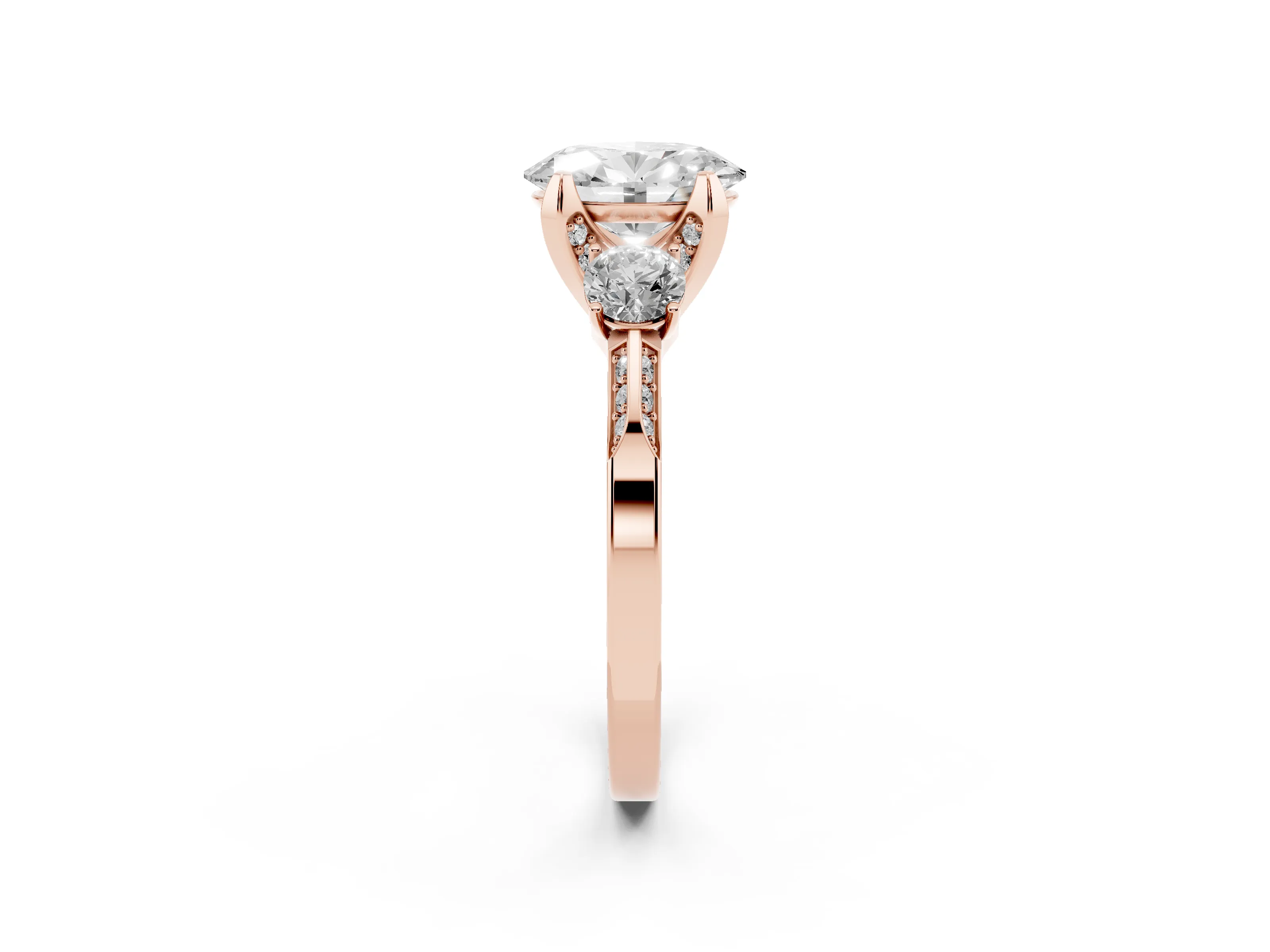 Oval Cut Diamond Three-Stone Ring Set in Rose gold with Pavé Band and Smaller Side Stones