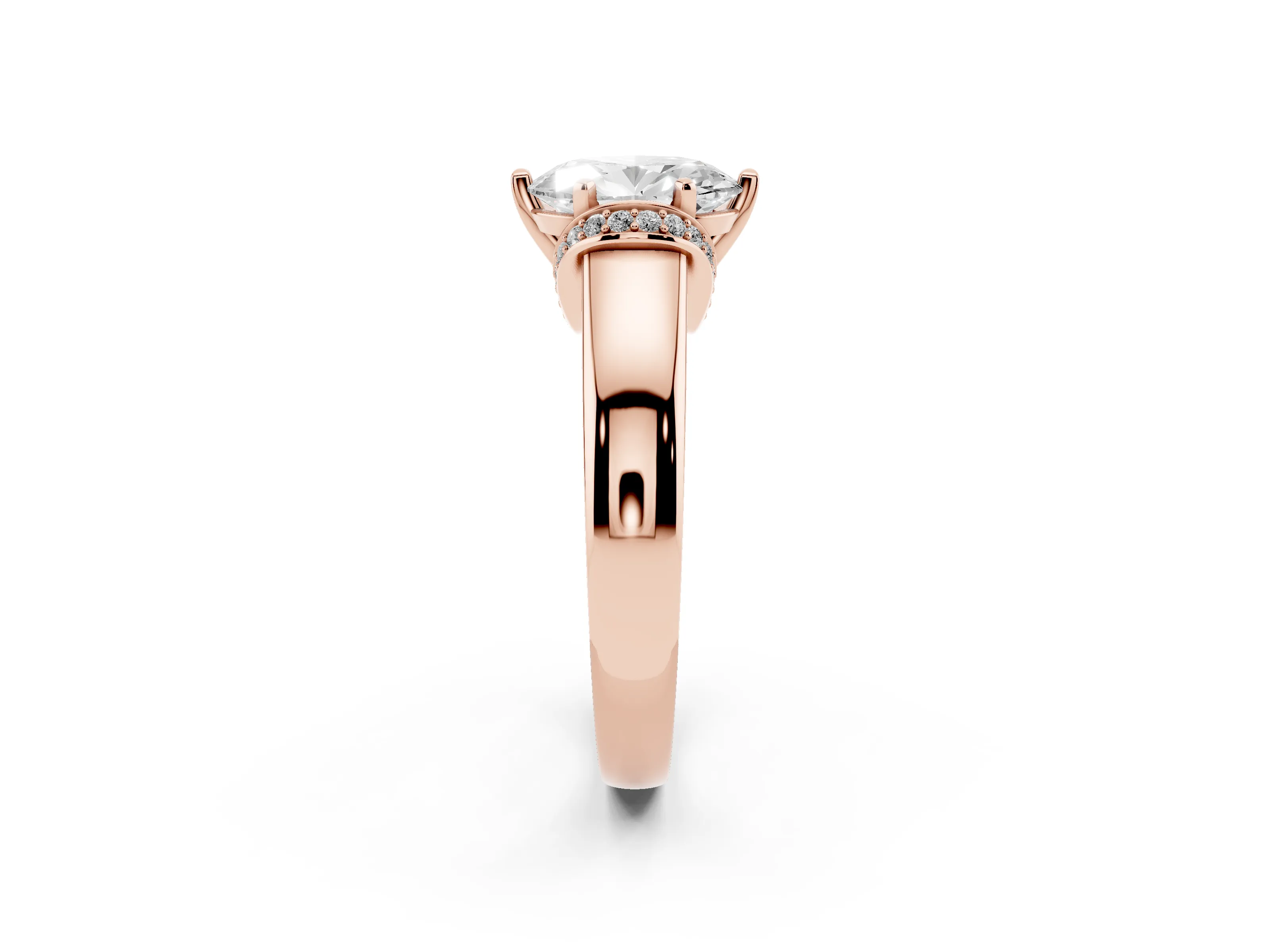 Oval Cut Diamond Pavé Band Solitaire Ring Set in Rose gold with Prong Setting