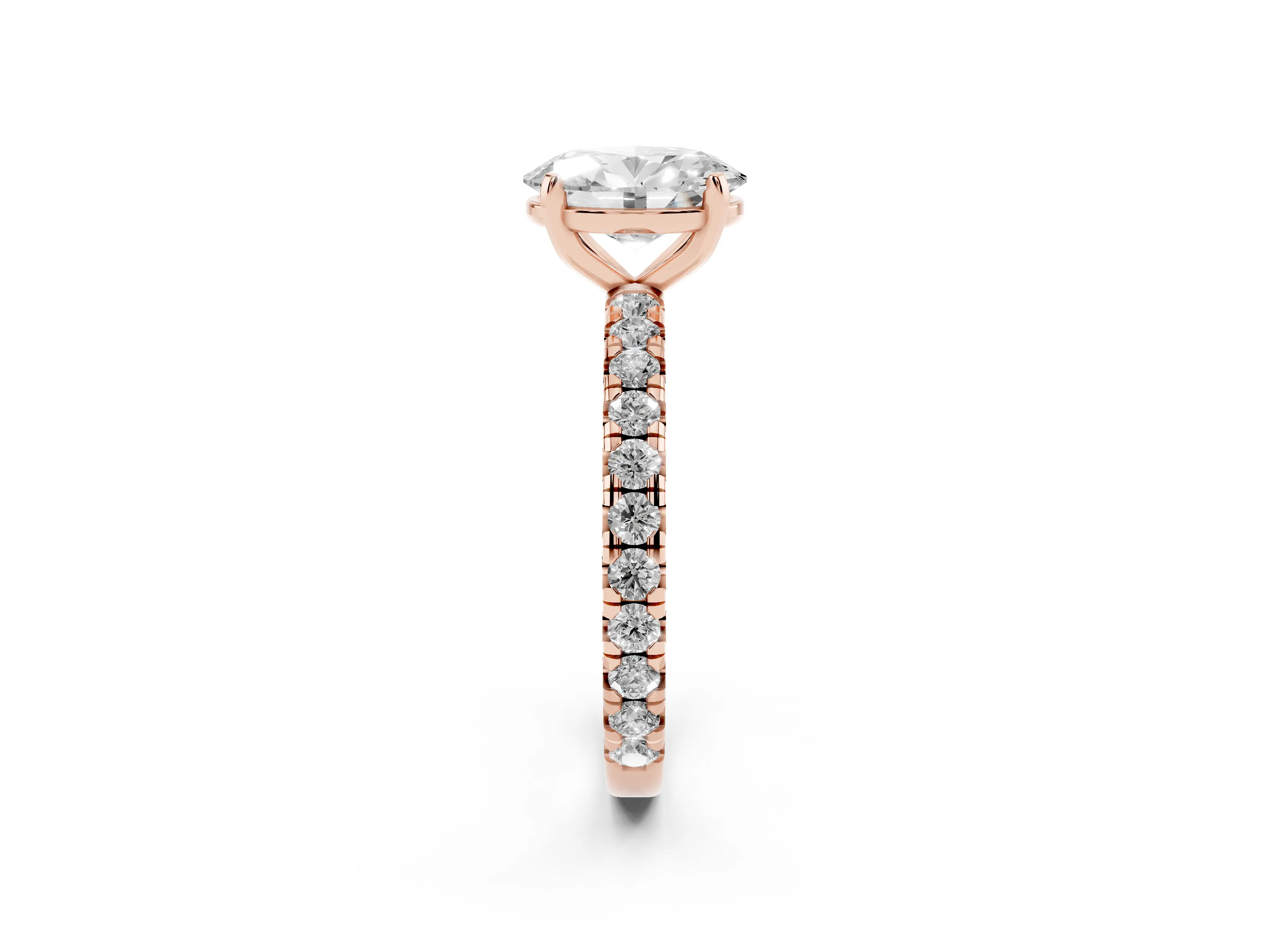 Oval Cut Diamond Pavé Solitaire Ring Set in Rose gold with Round Band and Prong Setting
