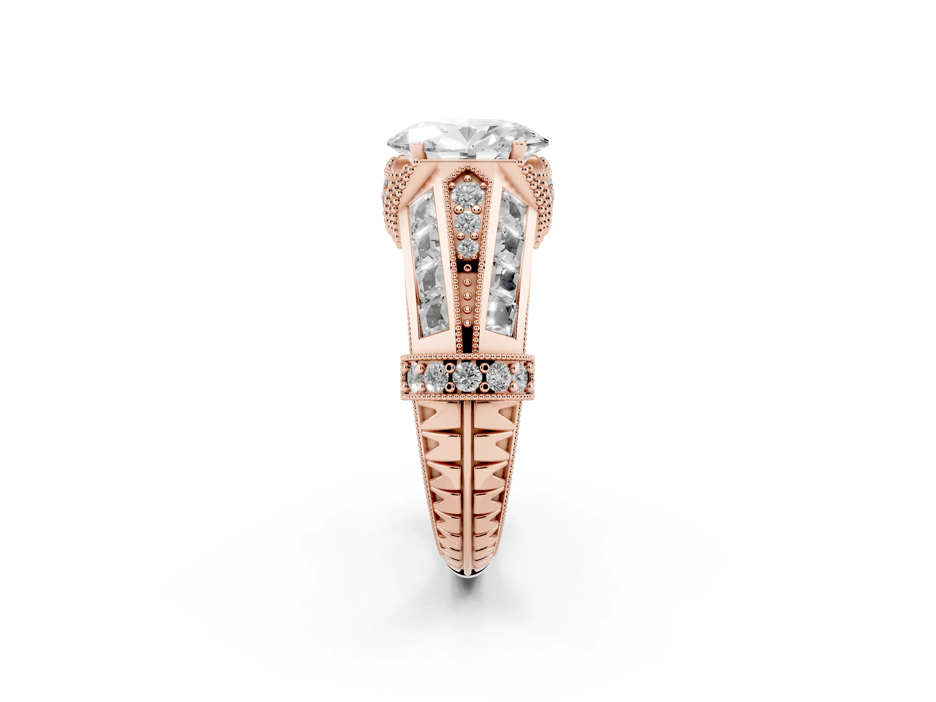 Oval Cut Diamond Vintage-Inspired Milgrain Ring Set in Rose gold with Accent Split Shank