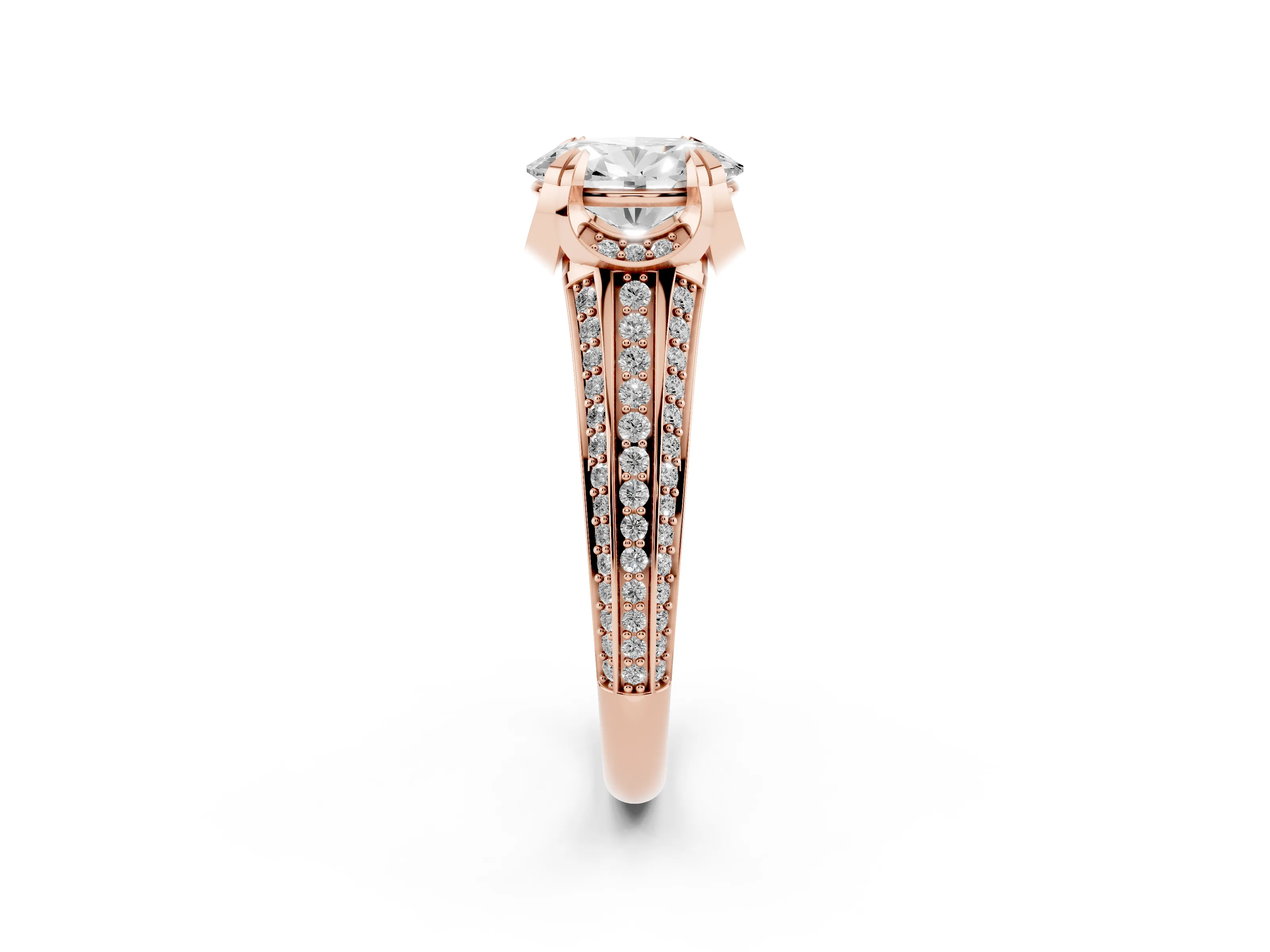 Oval Cut Diamond Pavé Split Shank Solitaire Ring Set in Rose gold with Prong Setting