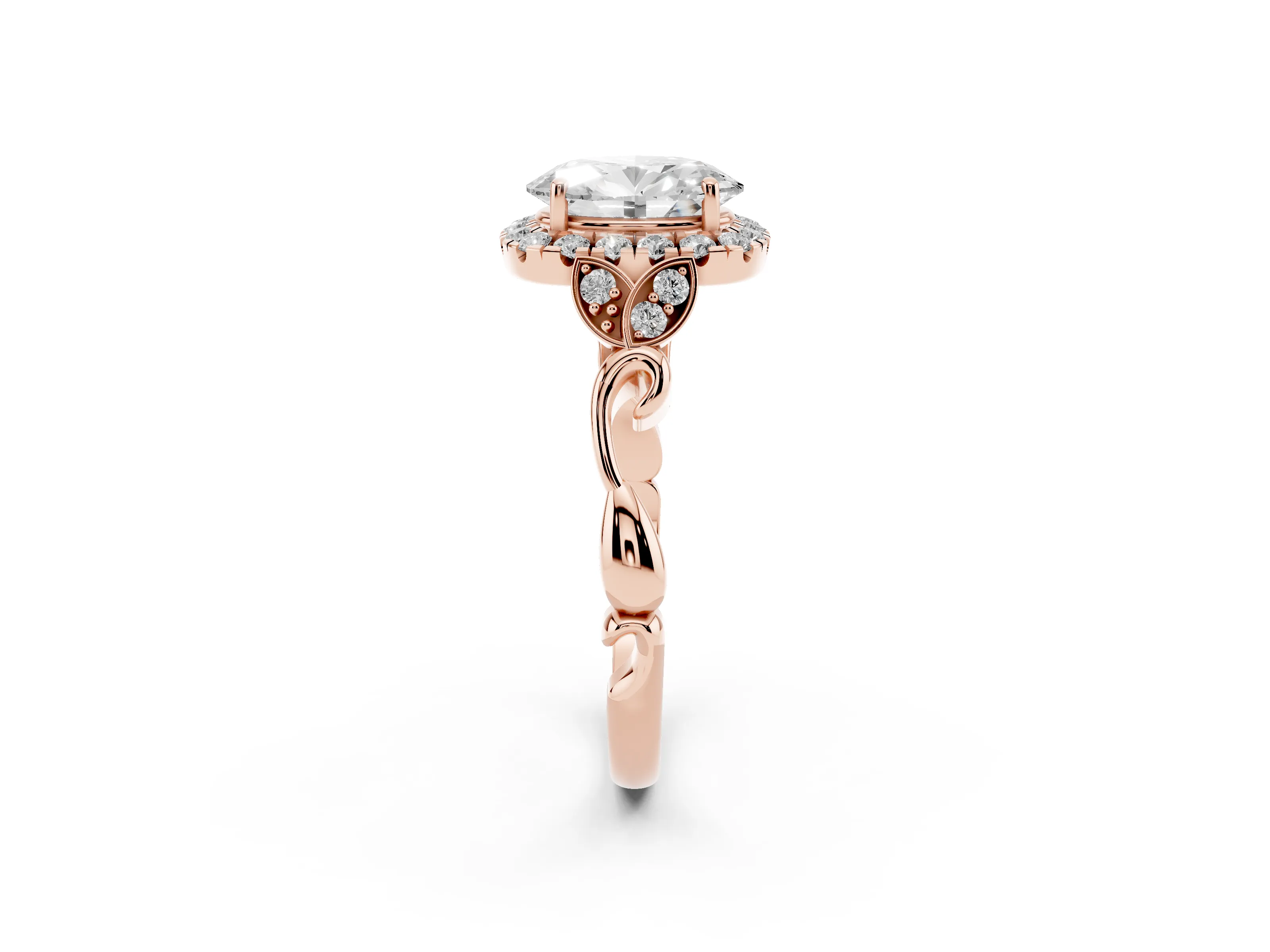 Oval Cut Diamond Halo Engagement Ring Set in Rose gold with Vintage-Inspired Band and Prong Setting