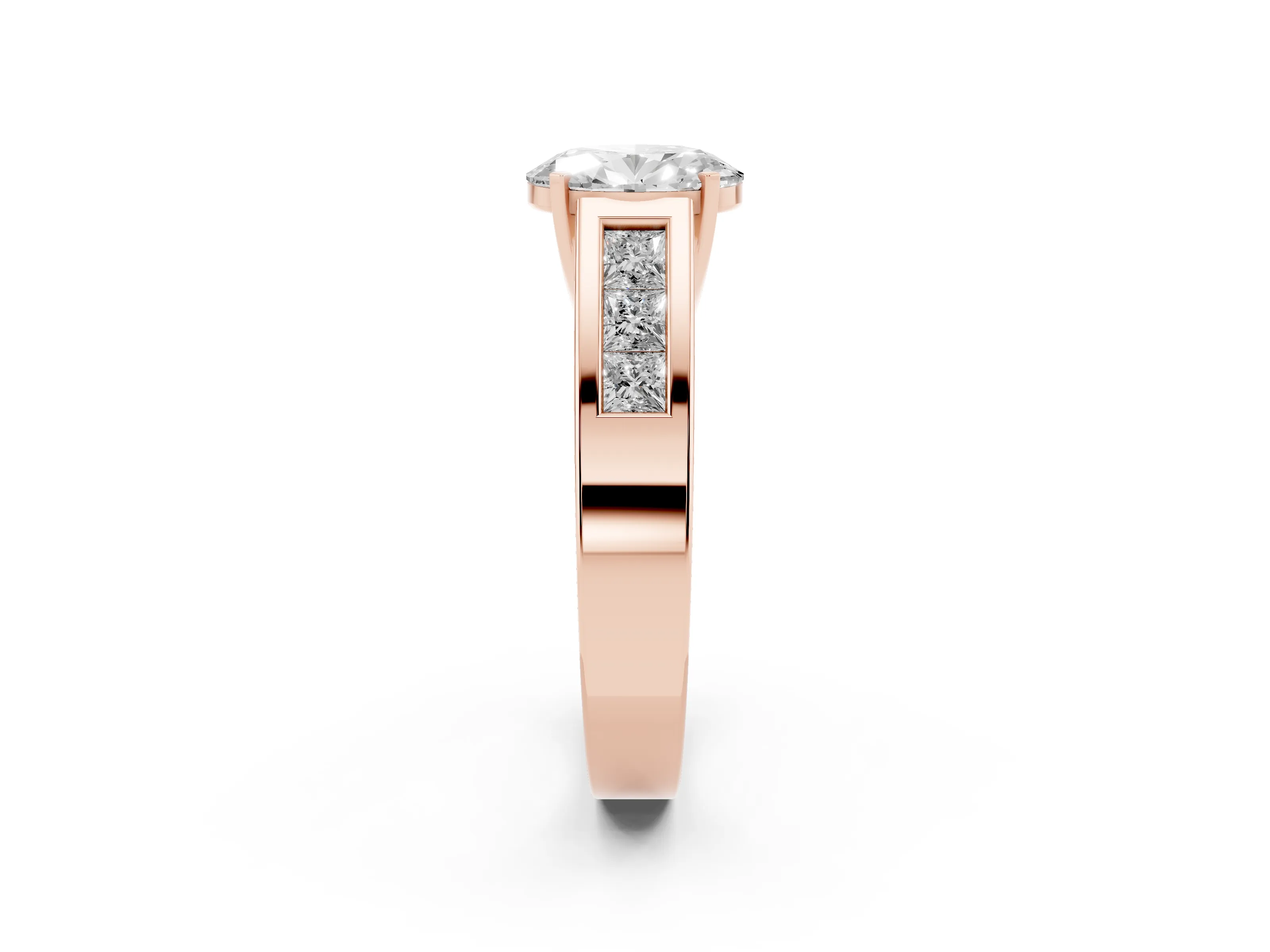 Oval Cut Diamond Solitaire Ring Set in Rose gold with Channel-Set Accent Stones and Prong Setting