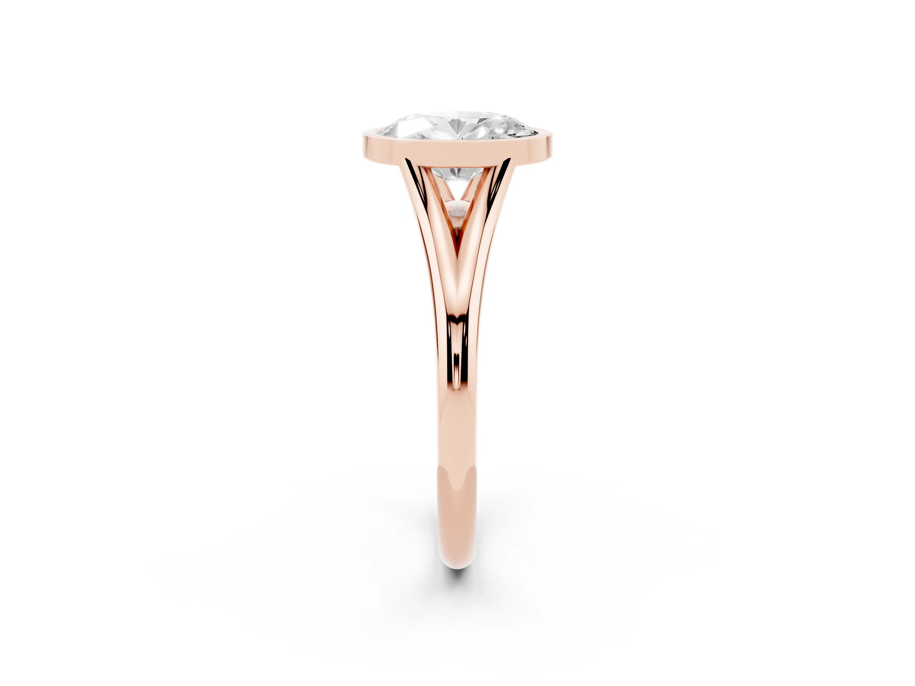 Bezel Set Oval Cut Diamond Solitaire Ring Set in Rose gold with Tapered Band