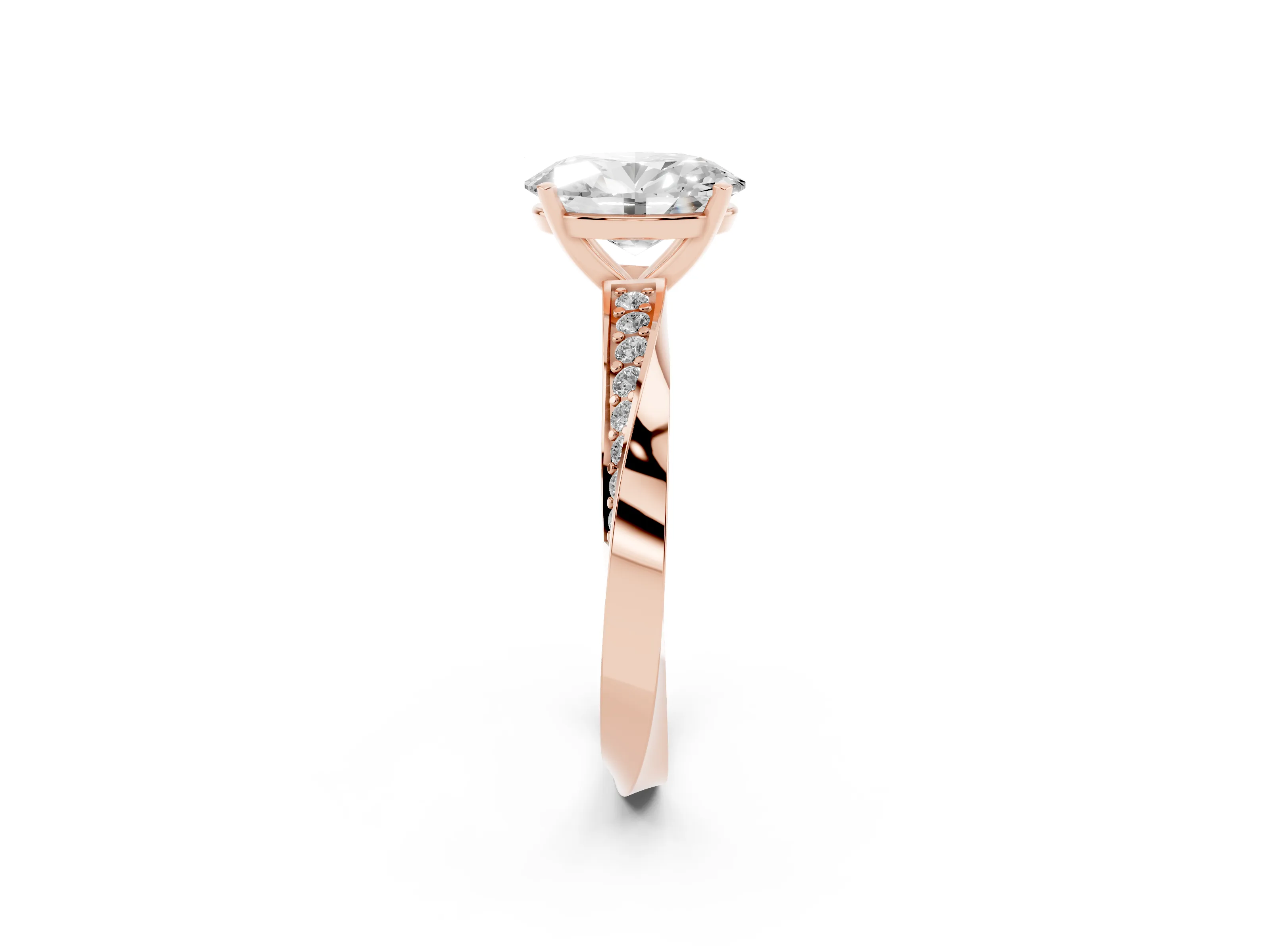 Oval Cut Diamond Engagement Ring Set in Rose gold with Side Stone Accents and Prong Setting