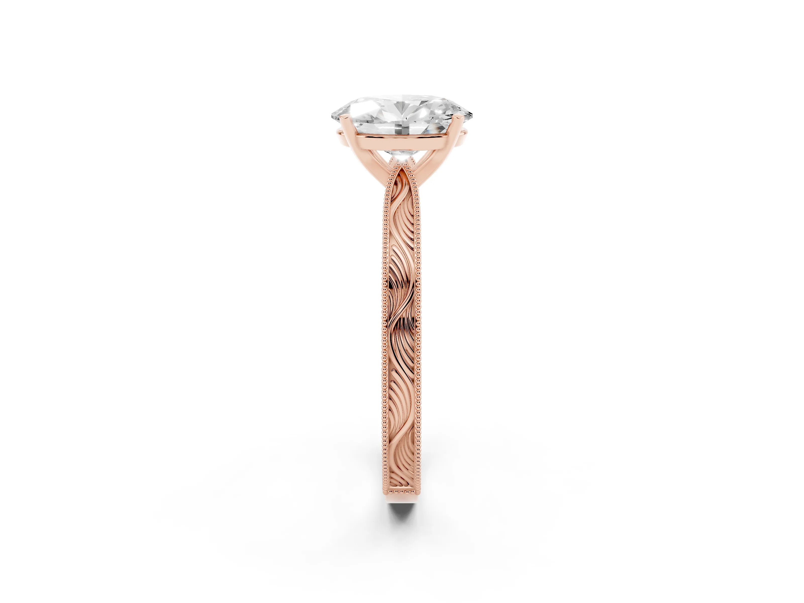 Oval Cut Diamond Solitaire Milgrain Engraved Band Set in Rose gold with Prong Setting