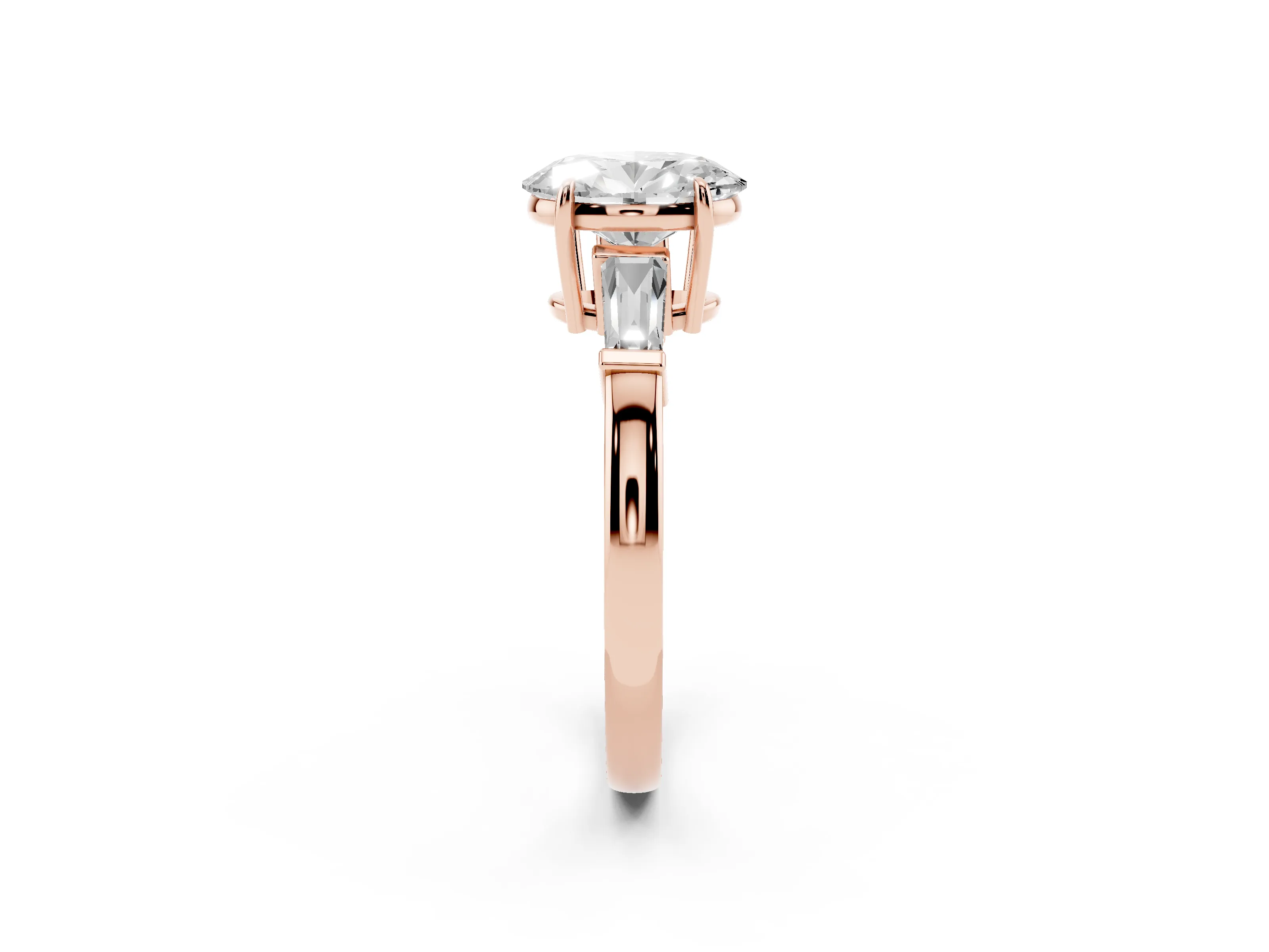 Oval Cut Diamond Three-Stone Ring Set in Rose gold with Tapered Baguette Side Stones and Prong Setting