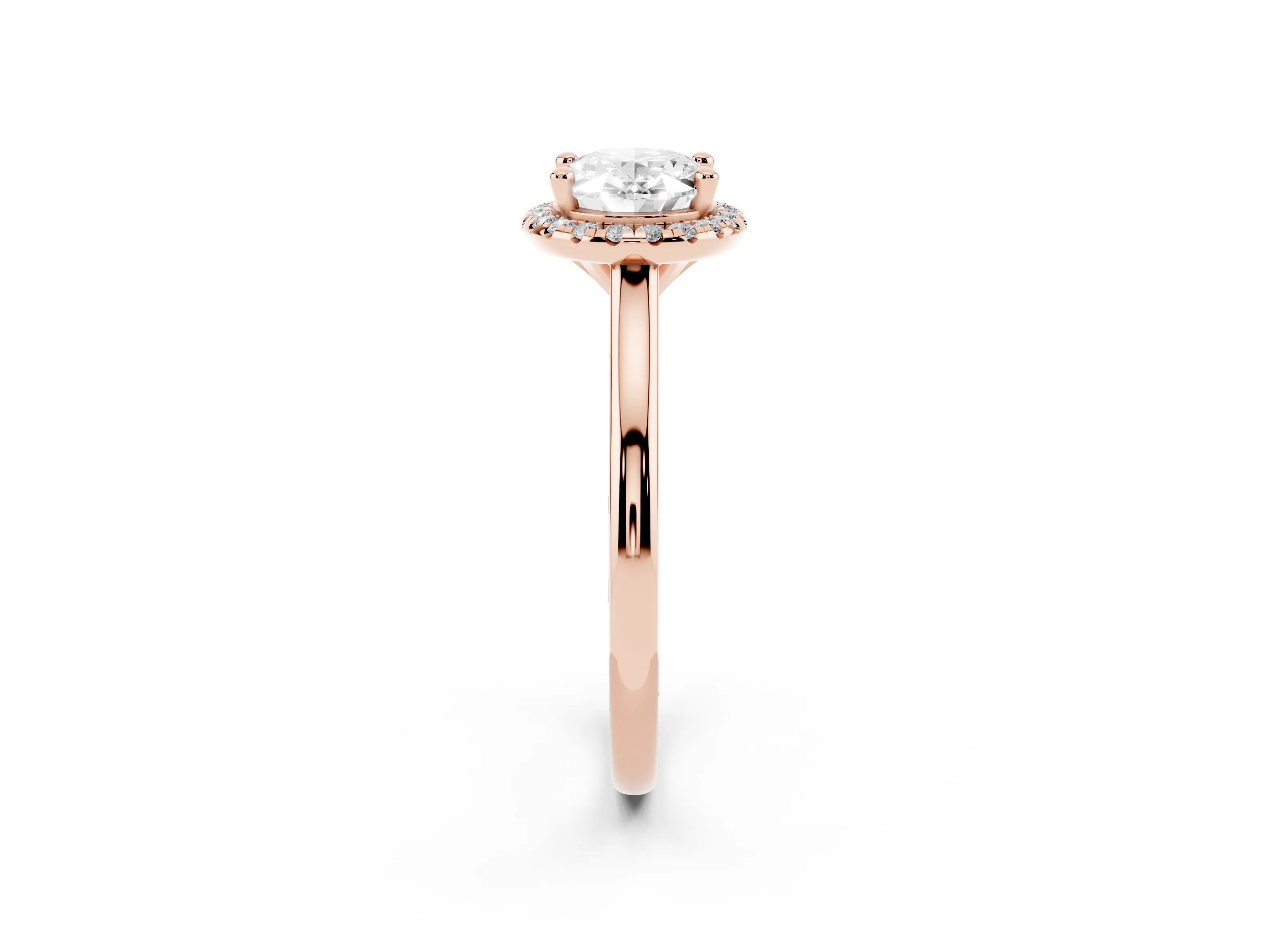 Oval Cut Diamond Halo Engagement Ring Set in Rose gold with Pavé Band and Rising Shoulders