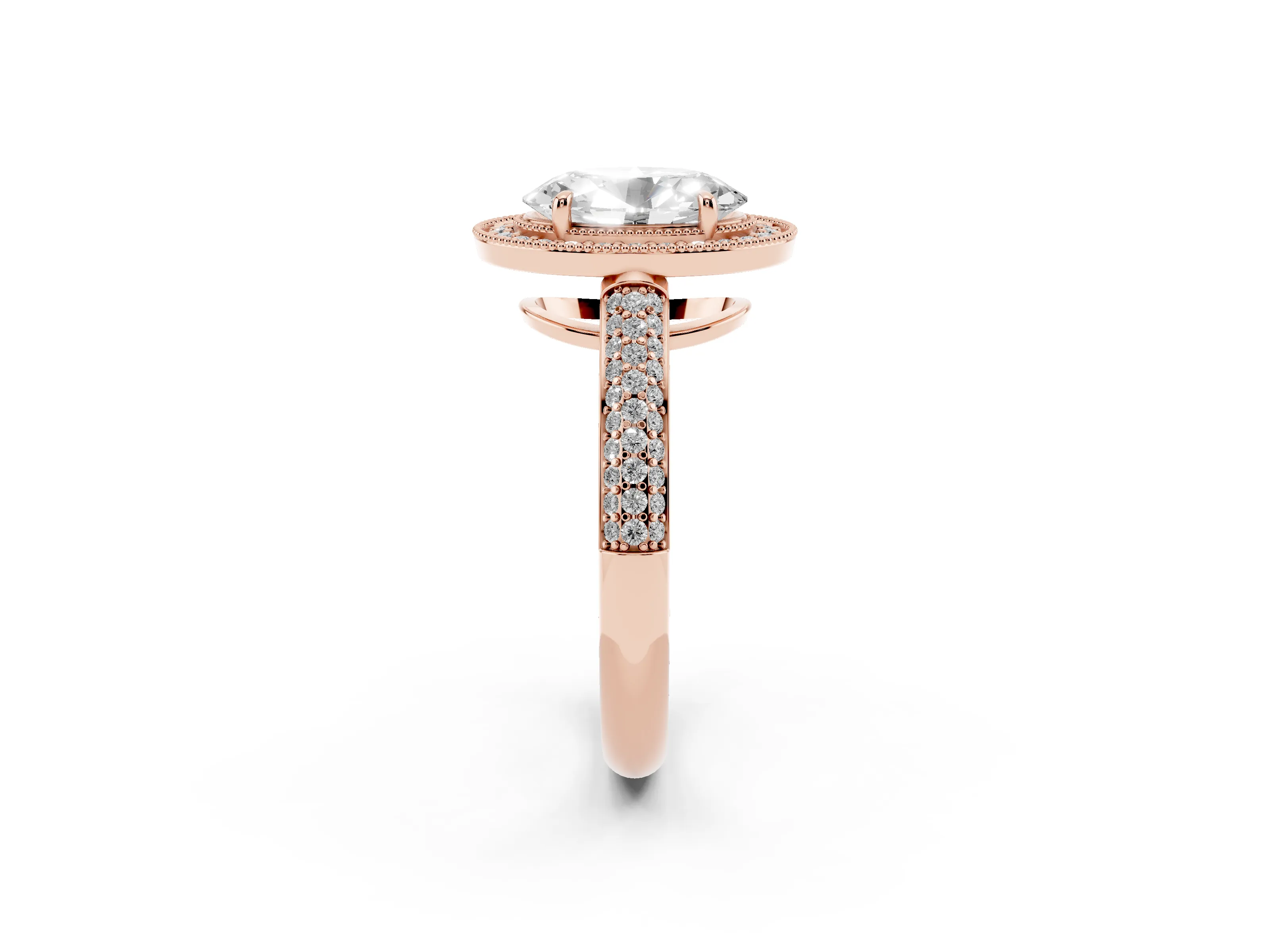 Oval Cut Diamond Halo Pavé Band Set in Rose gold with Prong Setting