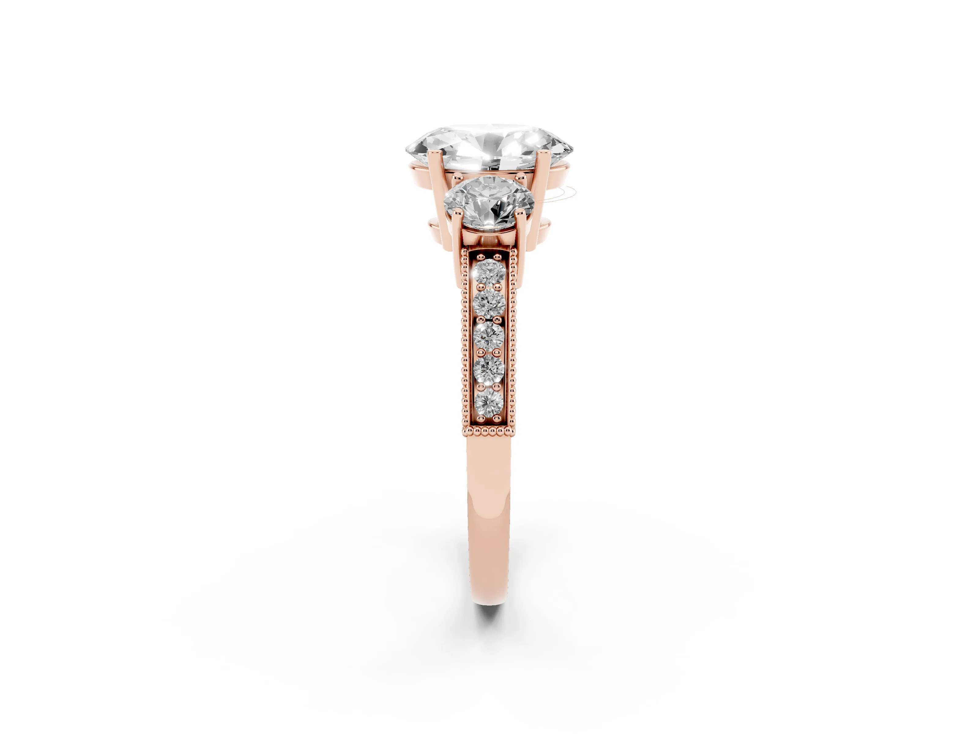 Oval Cut Diamond Three-Stone Ring Set in Rose gold with Round Side Stones and Pavé Band