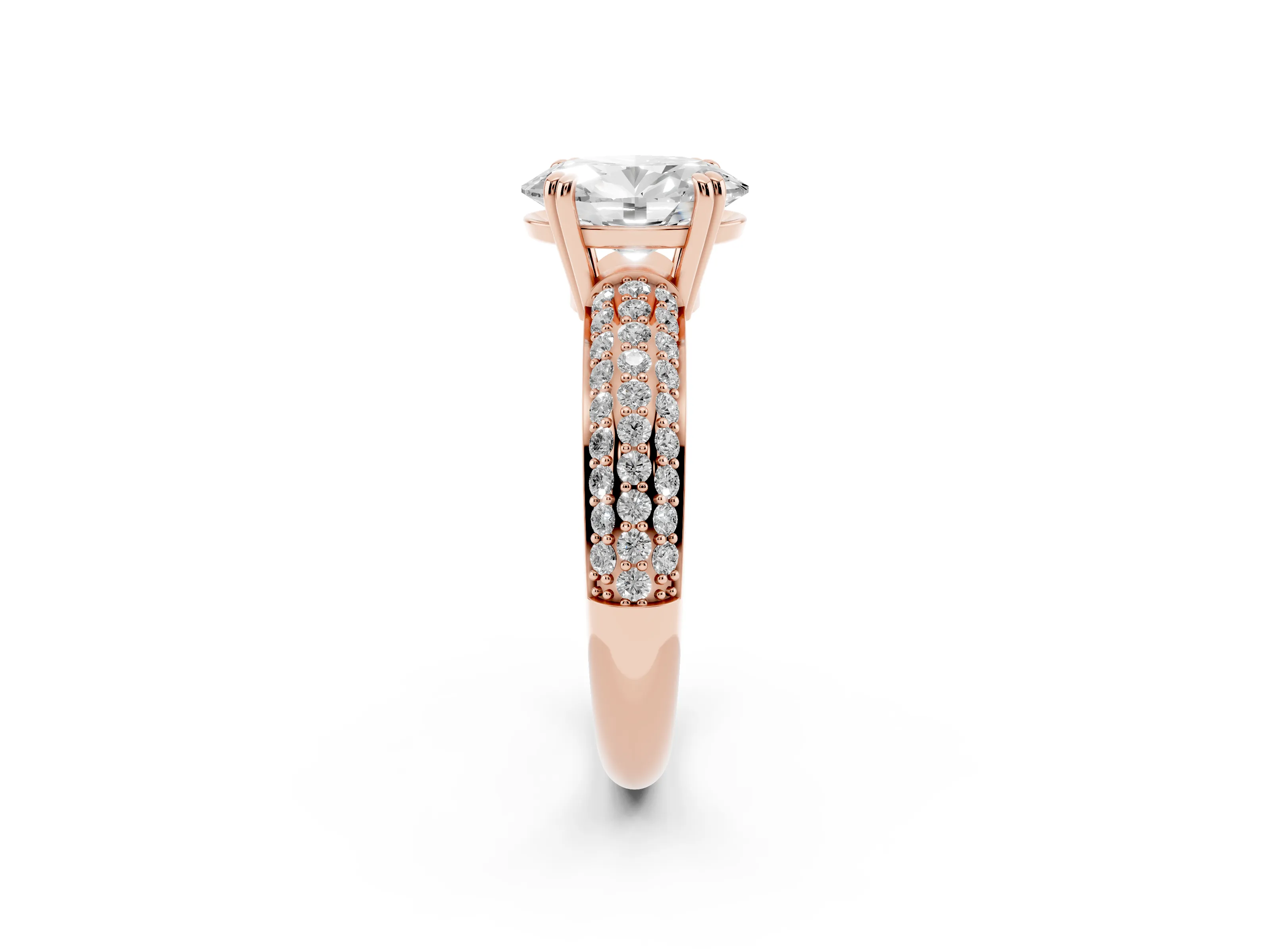 Oval Cut Diamond Solitaire Ring Set in Rose gold with Multi-Row Round Pavé Band and Prong Setting