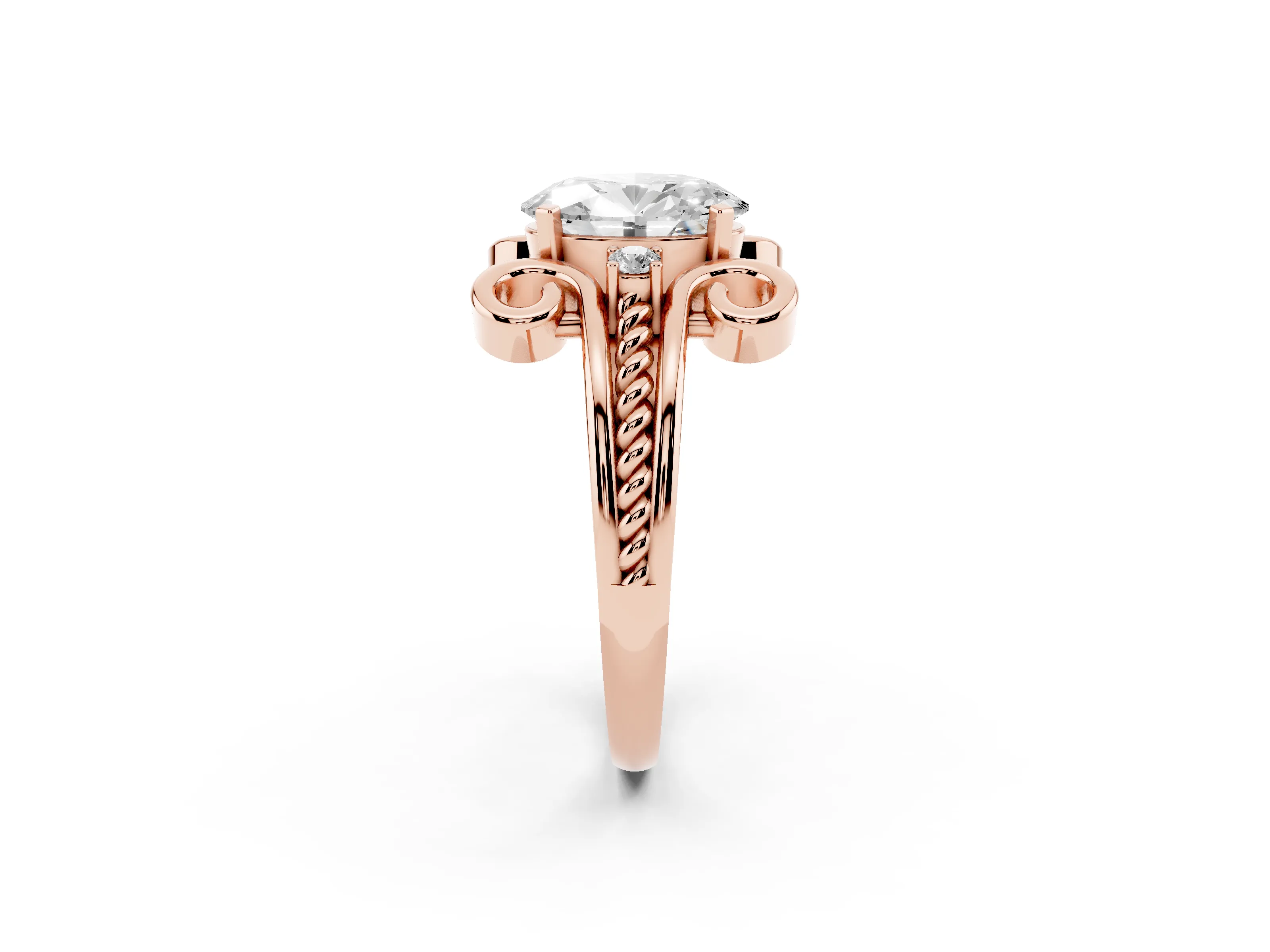 Oval Cut Diamond Twisted Band Solitaire Ring Set in Rose gold with Scroll Prongs
