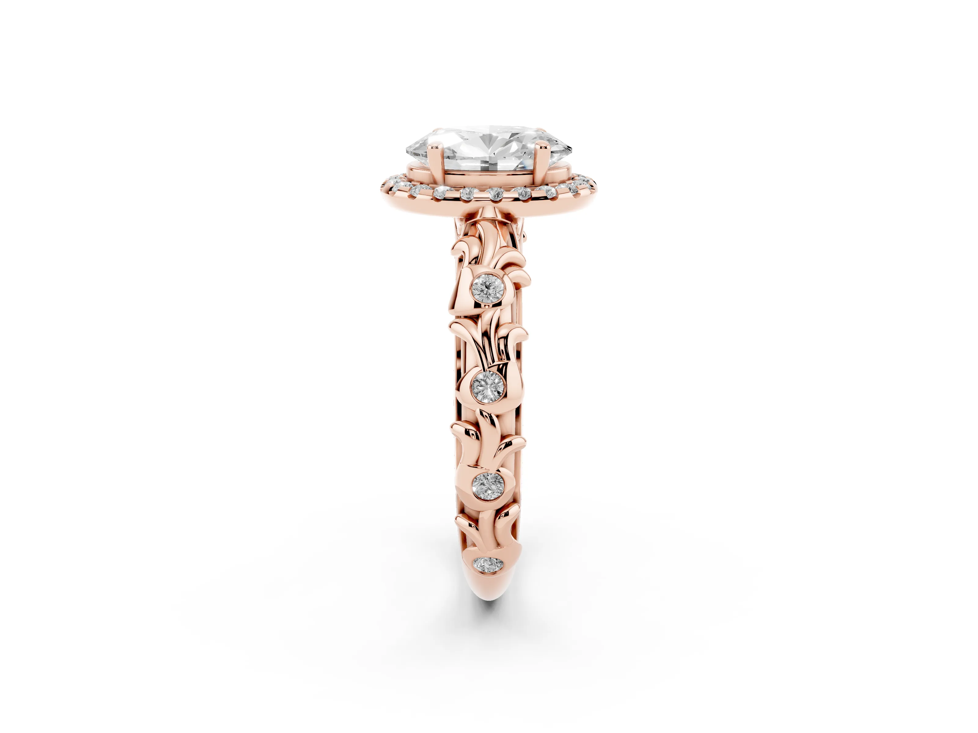 Oval Cut Diamond Halo Ring Set in Rose gold with Filigree Leaf Band and Prong Setting