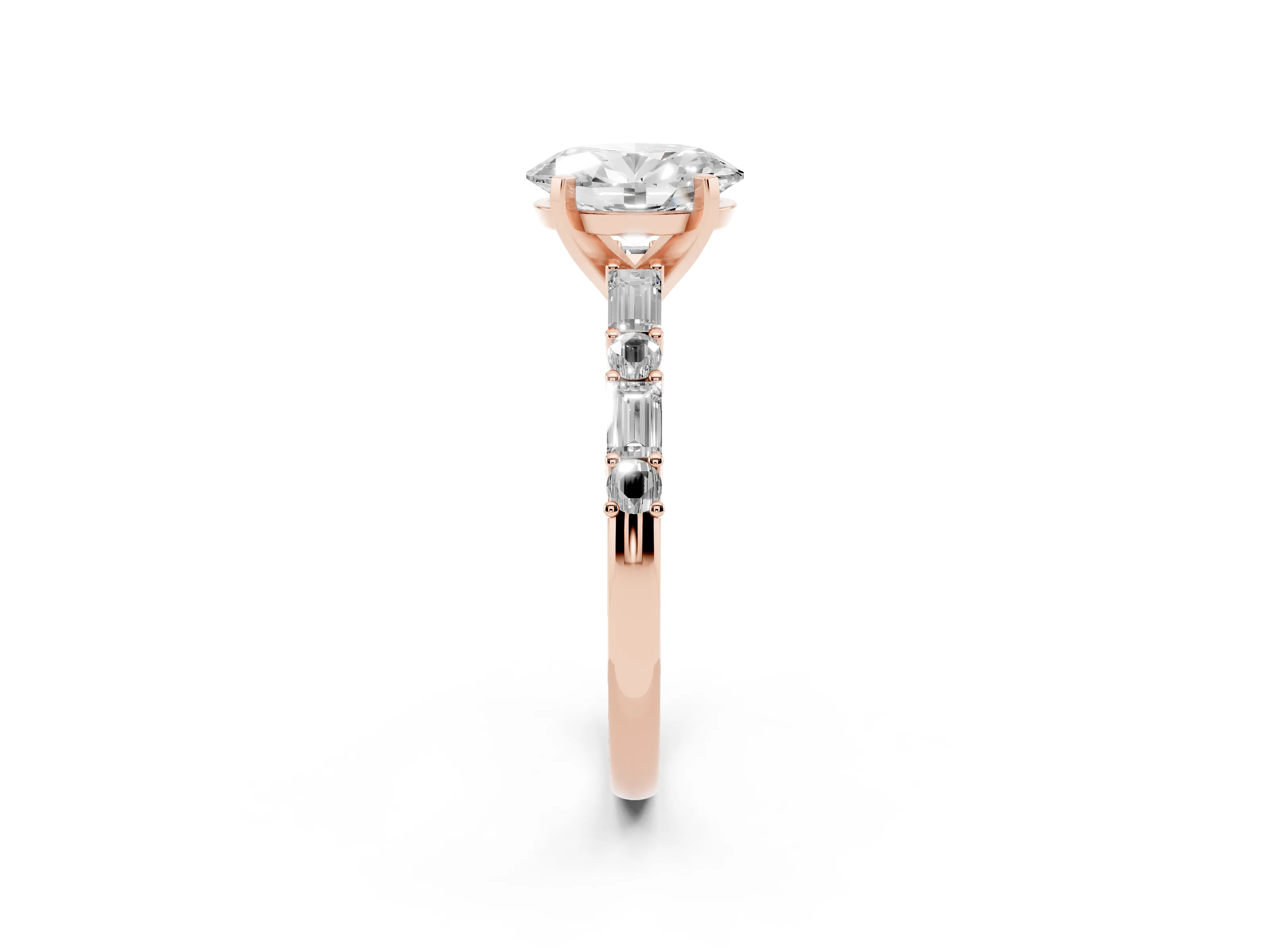 Oval Cut Diamond Solitaire Set in Rose gold with Side Baguettes and Channel Set Band