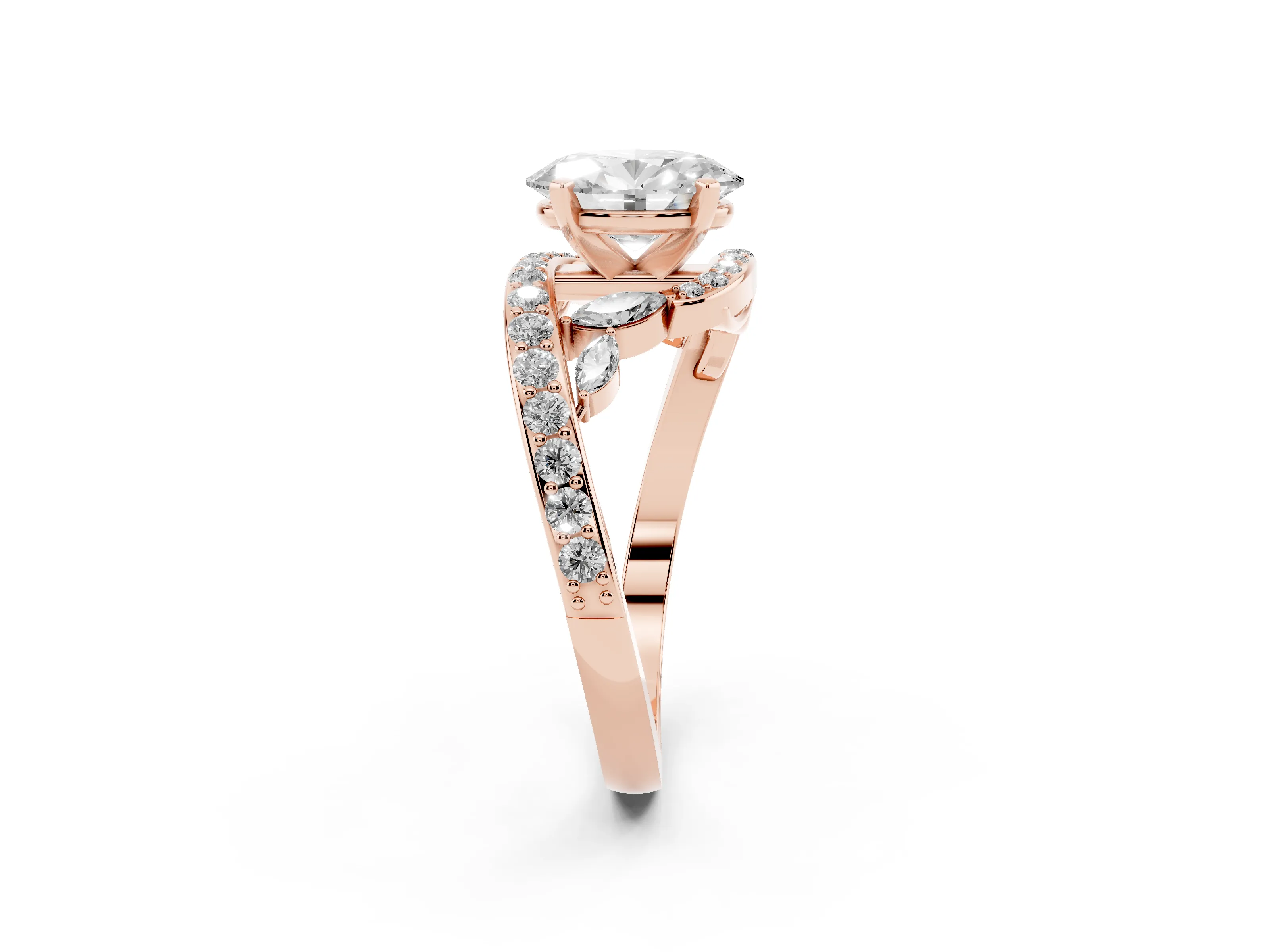 Oval Cut Diamond Solitaire Ring Set in Rose gold with Pavé Twist Band and Secure Prong Setting