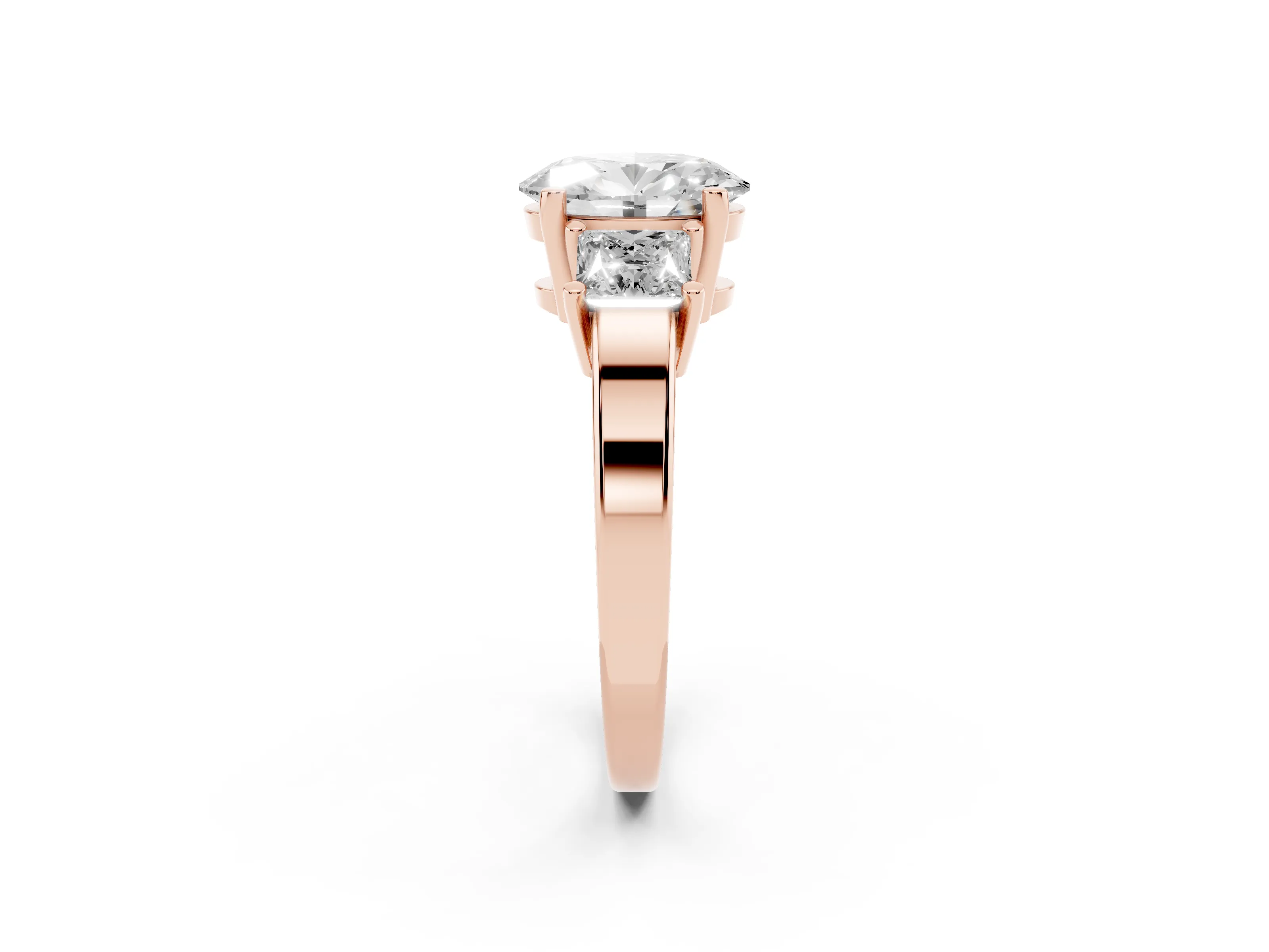 Three-Stone Oval Cut Diamond Solitaire Ring Set in Rose gold with Prong Setting