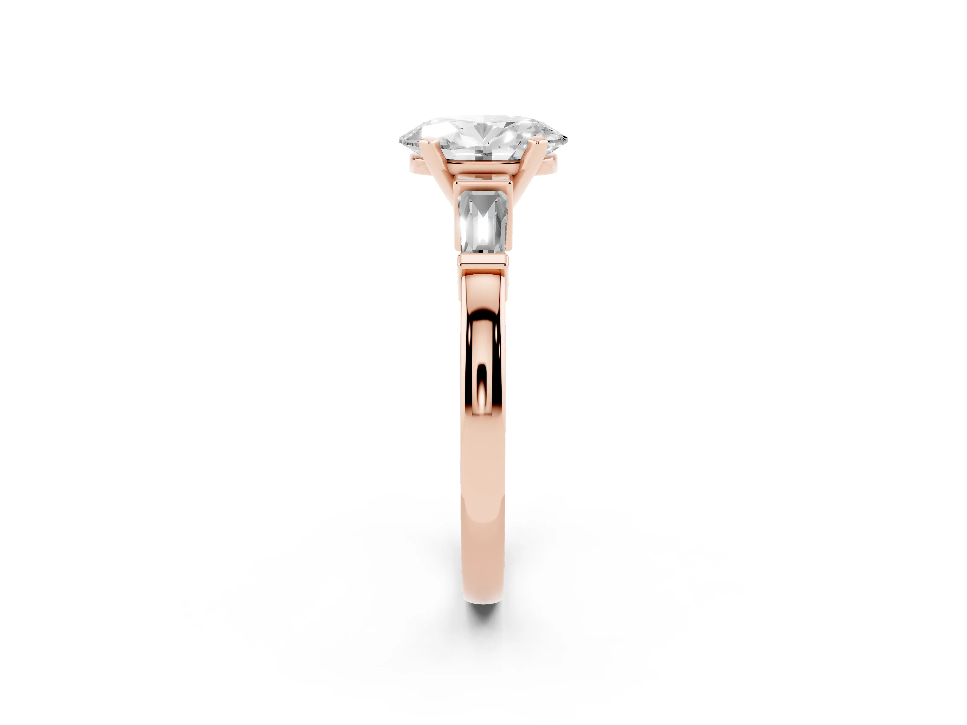 Oval Cut Diamond Solitaire Ring Set in Rose gold with Tapered Baguette Accents and Prong Setting