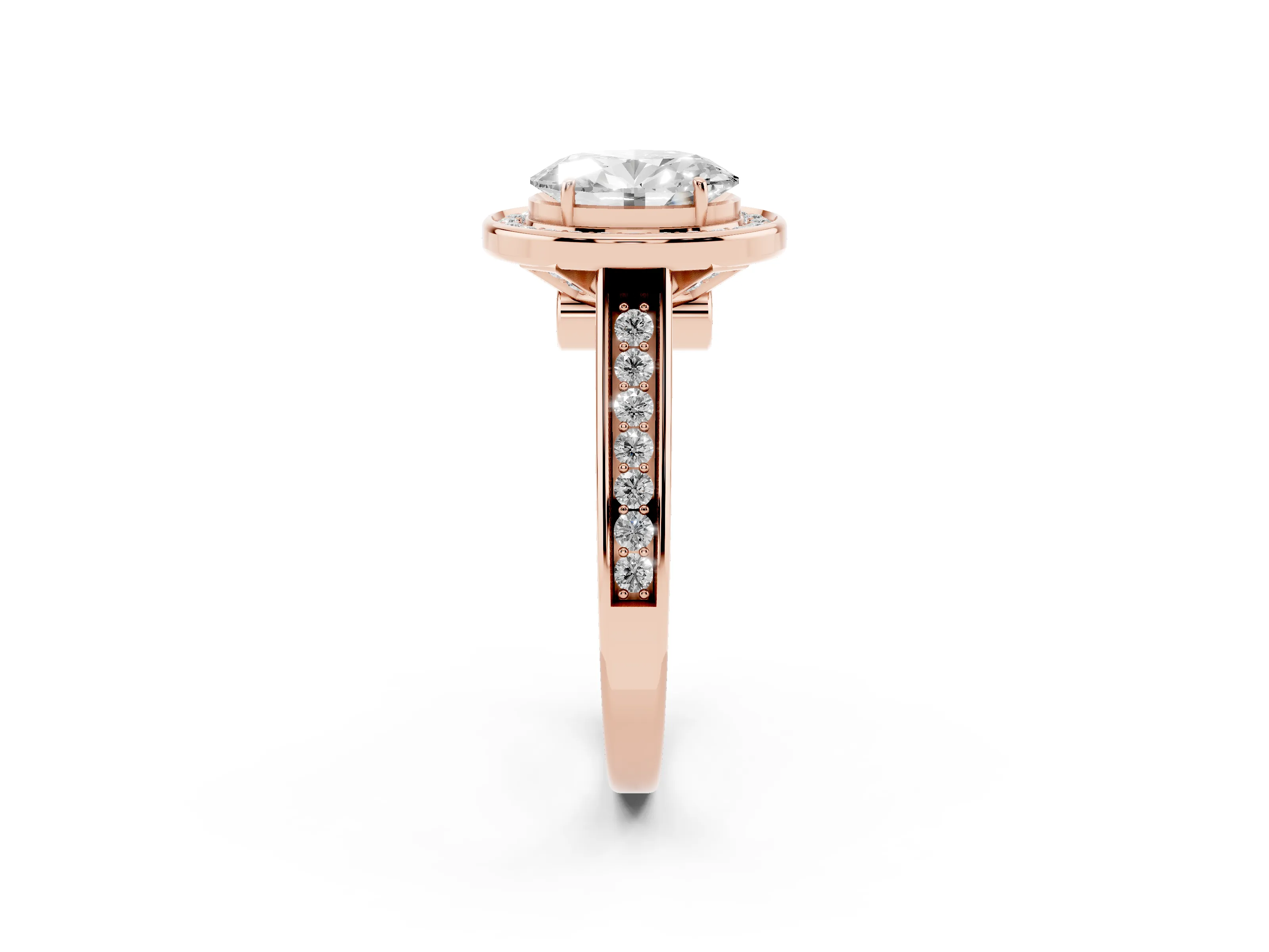 Oval Cut Diamond Halo Solitaire Ring Set in Rose gold with Pavé Band and Bezel Setting