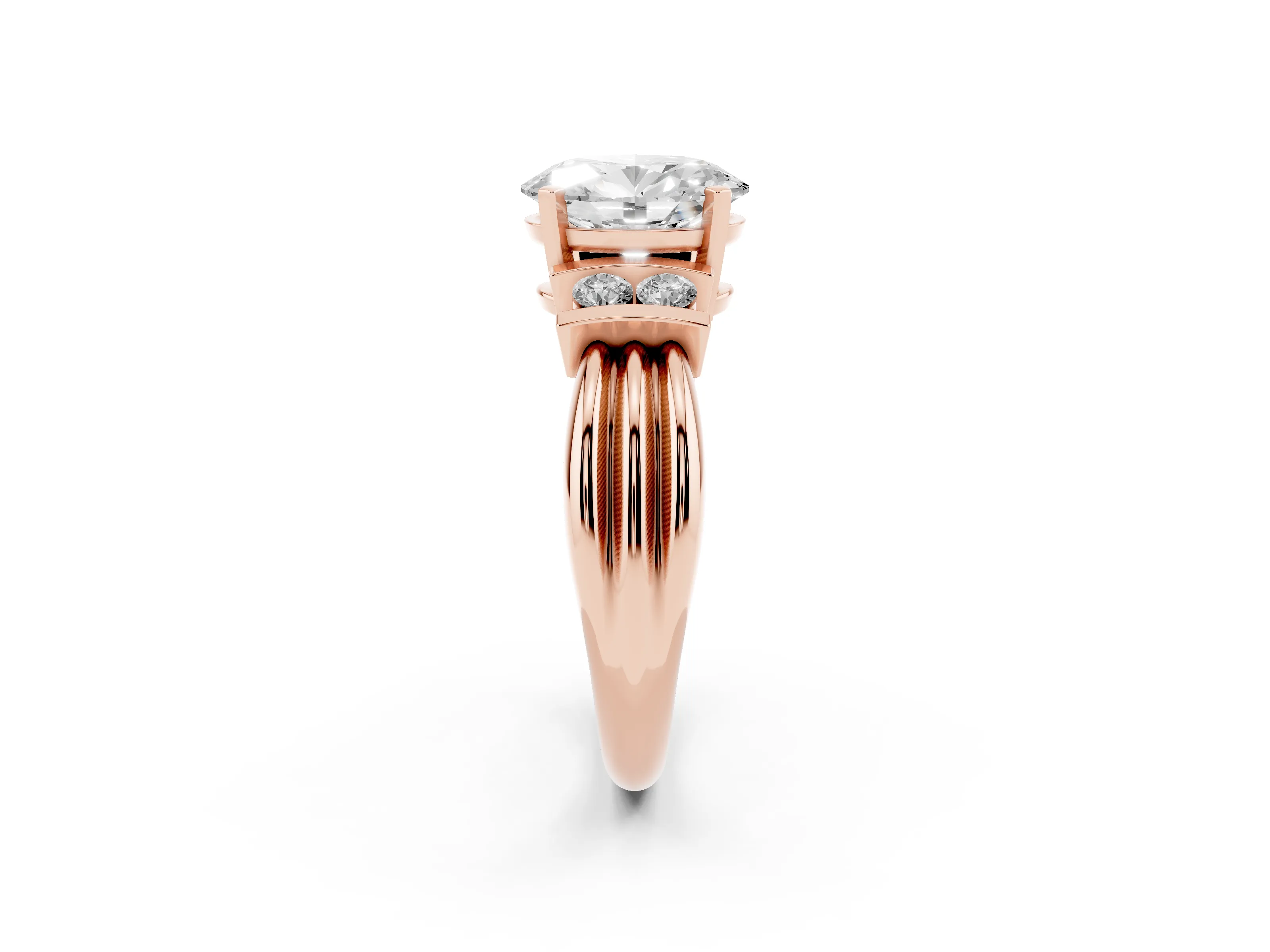 Three-Stone Oval Cut Diamond Channel Set Ring Set in Rose gold with Bar Prongs
