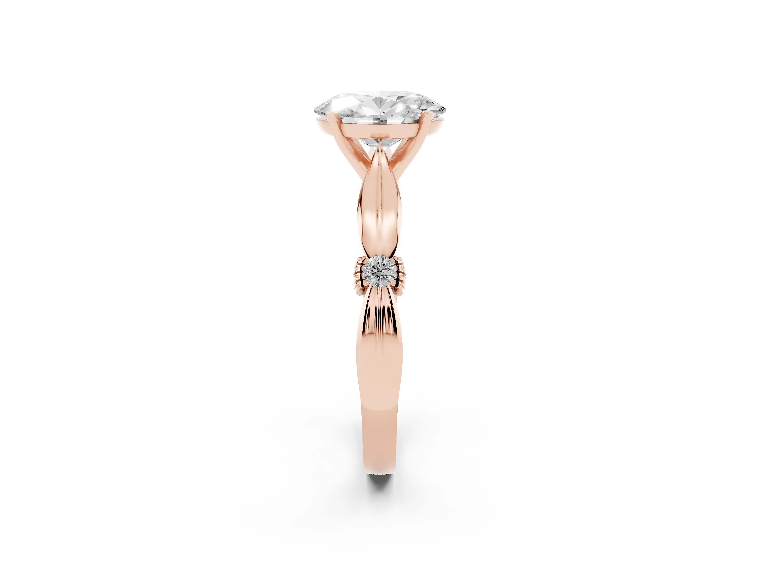 Oval Cut Diamond Solitaire Twisted Band Ring Set in Rose gold with Accent Stones and Prong Setting