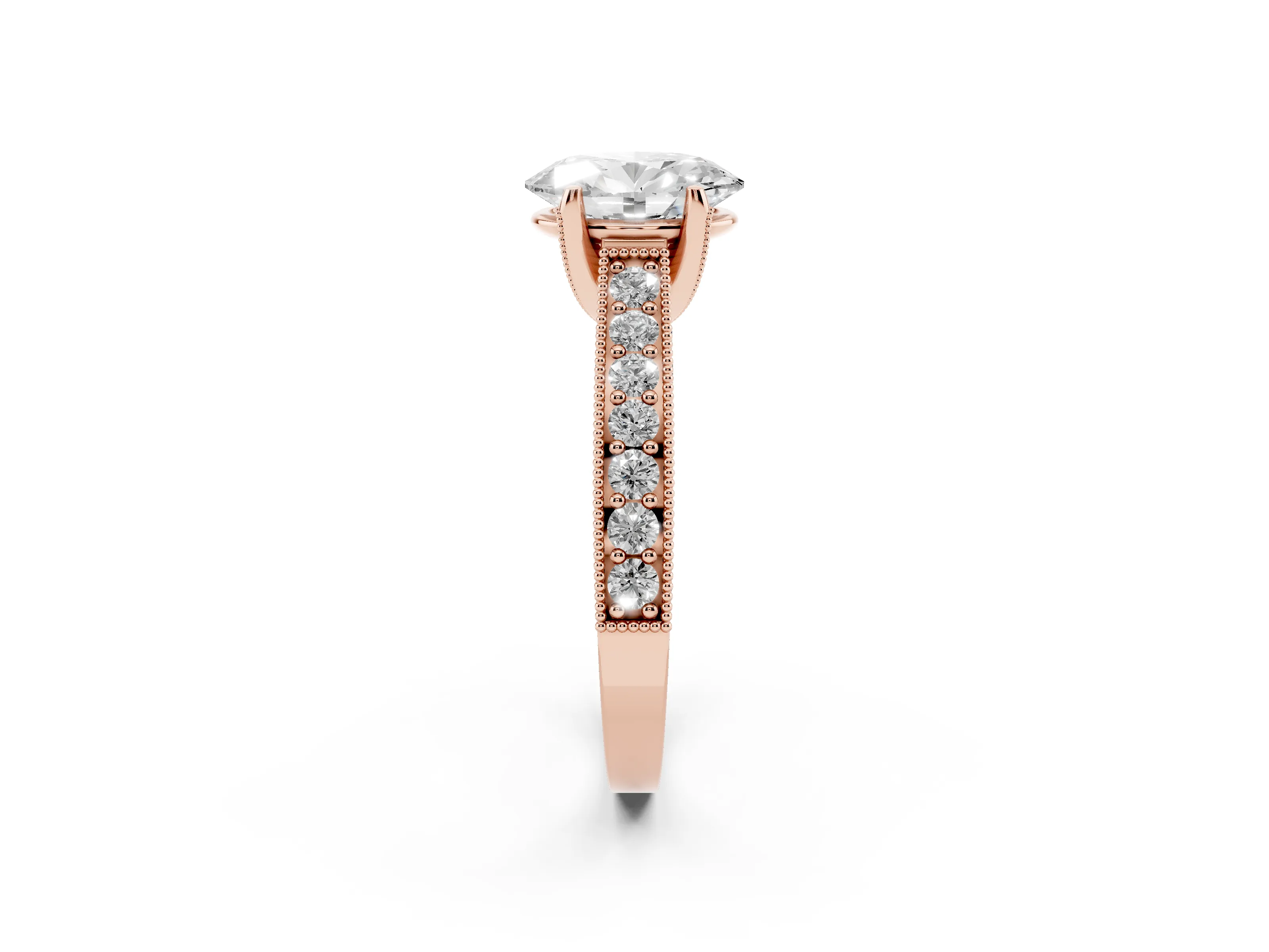 Oval Cut Diamond Solitaire Ring Set in Rose gold with Milgrain-Edged Pavé Band and Prong Setting