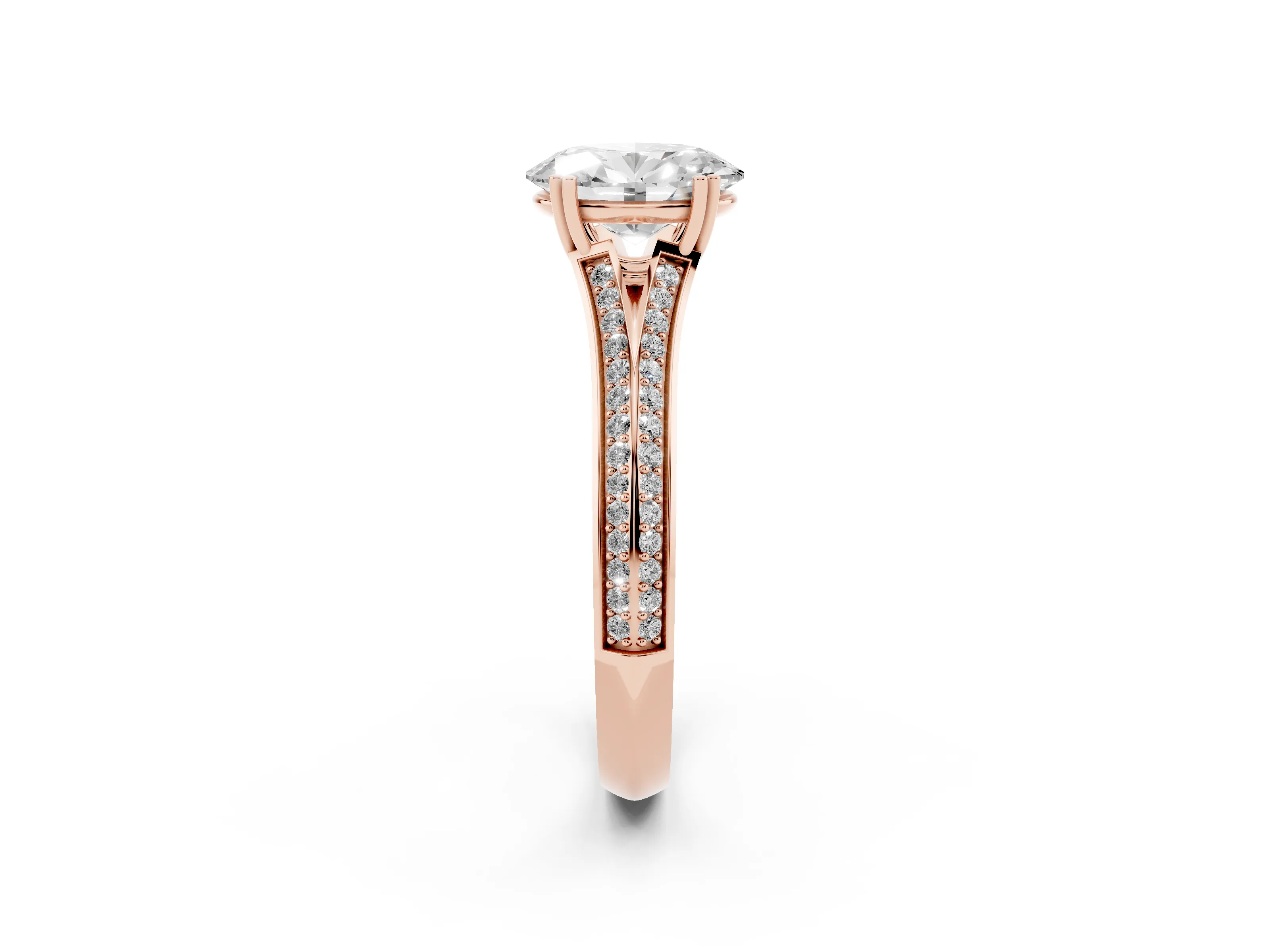 Oval Cut Diamond Split Shank Pavé Engagement Ring Set in Rose gold with Prong-Set Center Stone