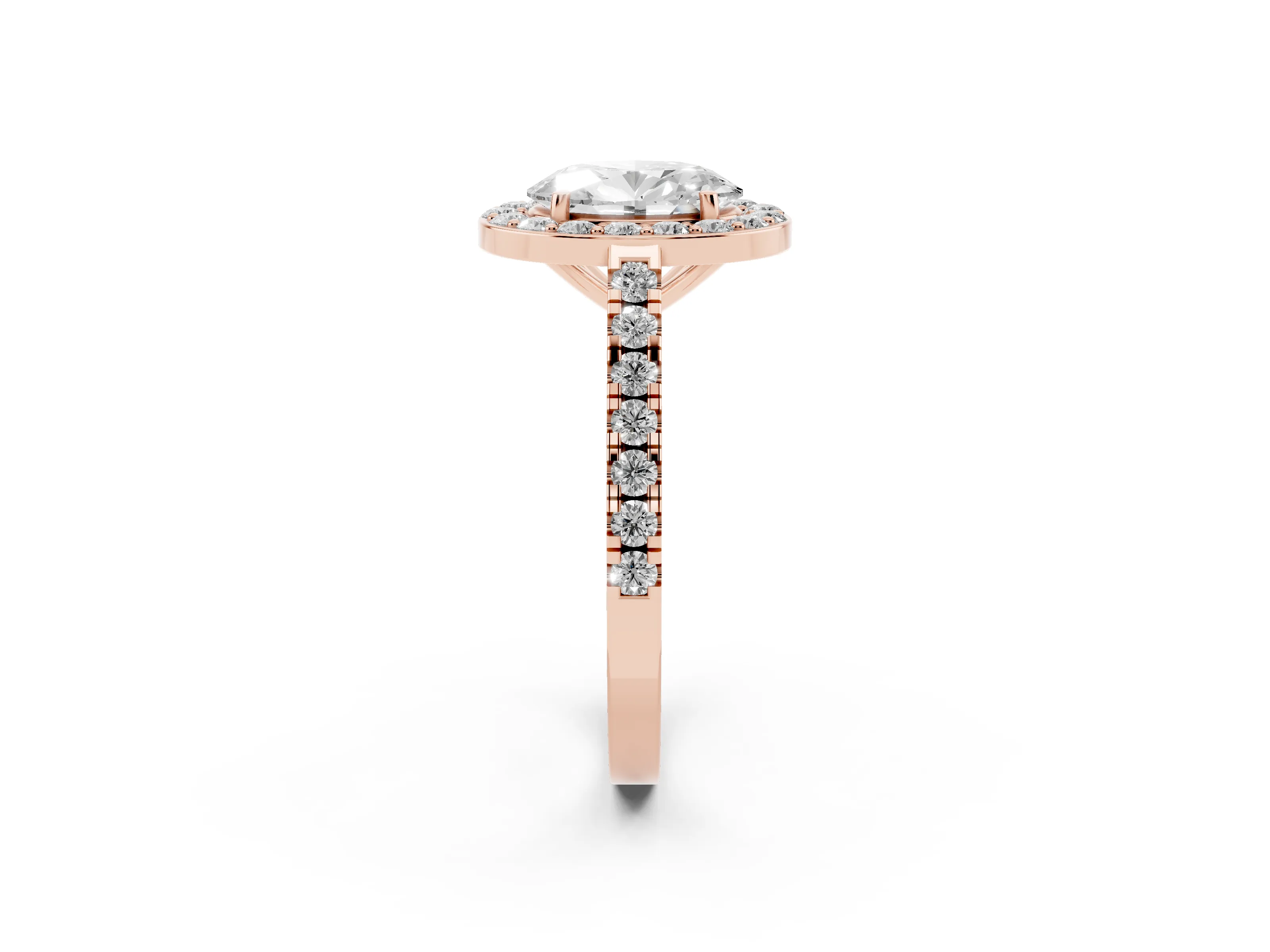 Oval Cut Diamond Halo Ring Set in Rose gold with Round Pavé Split Shank and Prong Setting