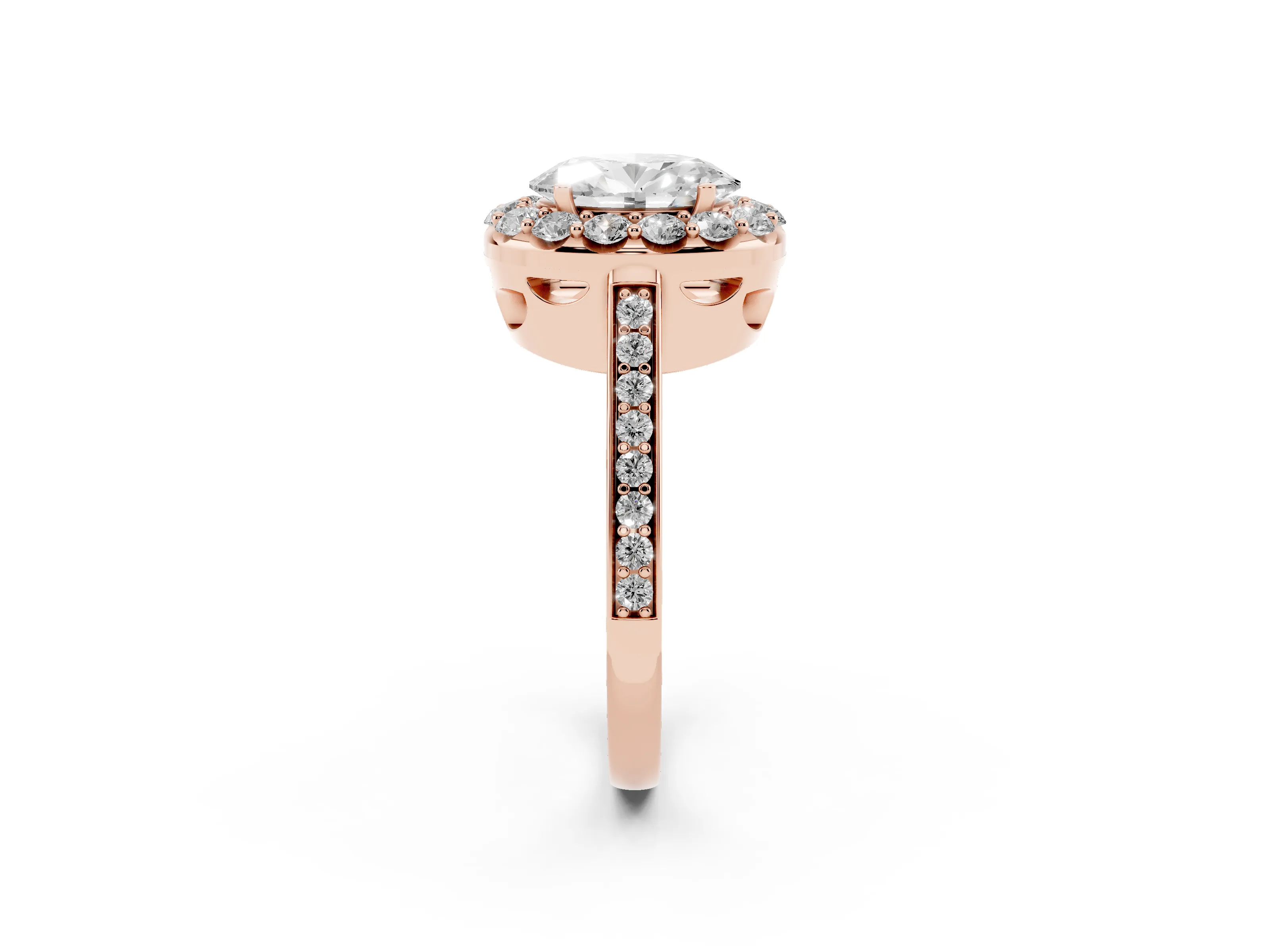 Oval Cut Diamond Floral Halo Ring Set in Rose gold with Pavé Band and Prong Setting